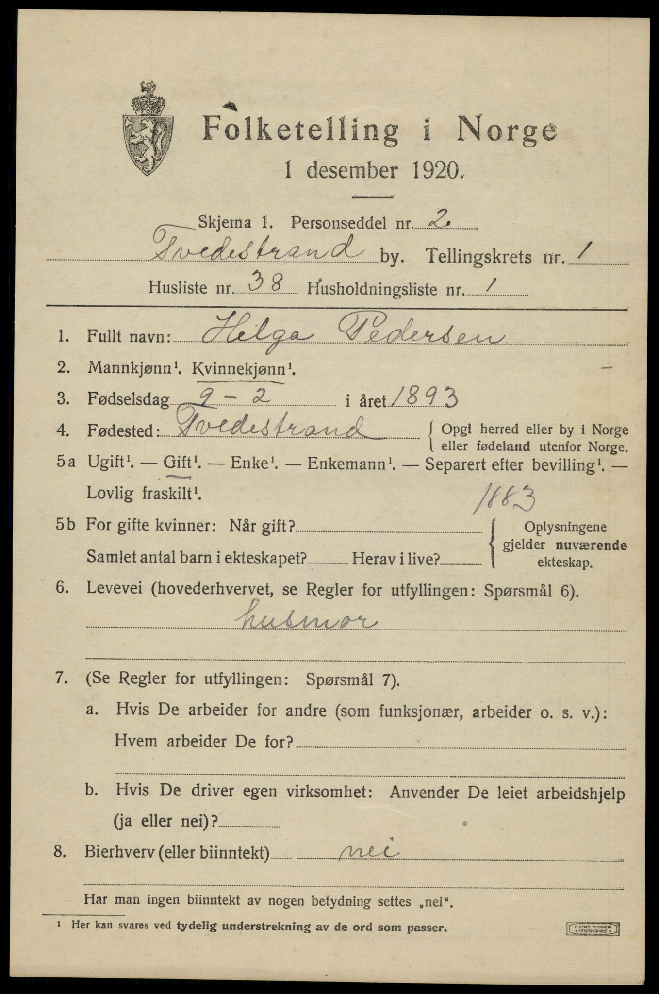 SAK, Folketelling 1920 for 0902 Tvedestrand ladested, 1920, s. 1707