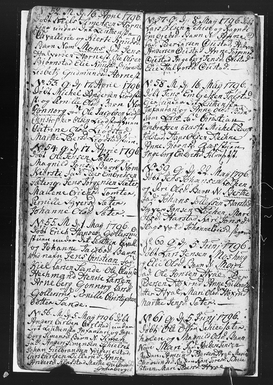 Romedal prestekontor, AV/SAH-PREST-004/L/L0002: Klokkerbok nr. 2, 1795-1800, s. 20-21