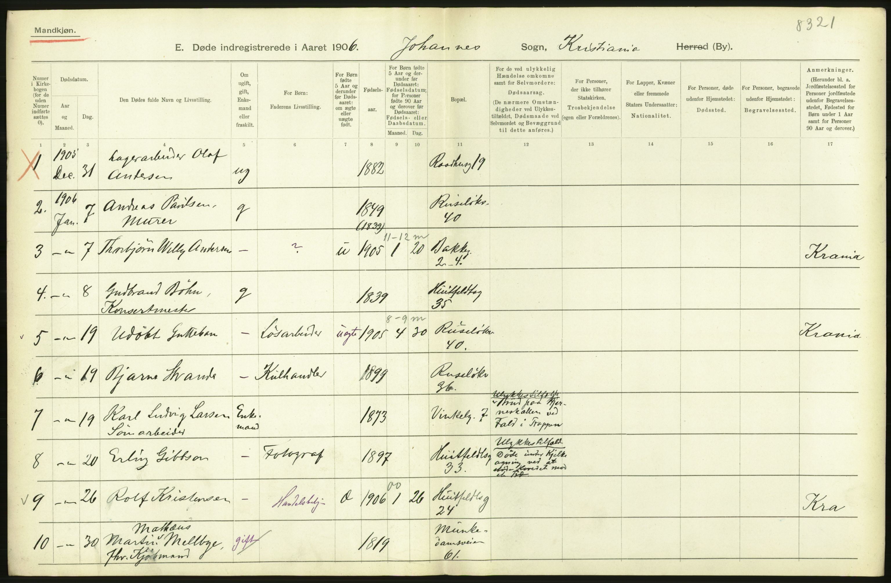 Statistisk sentralbyrå, Sosiodemografiske emner, Befolkning, RA/S-2228/D/Df/Dfa/Dfad/L0010: Kristiania: Døde, dødfødte, 1906, s. 438