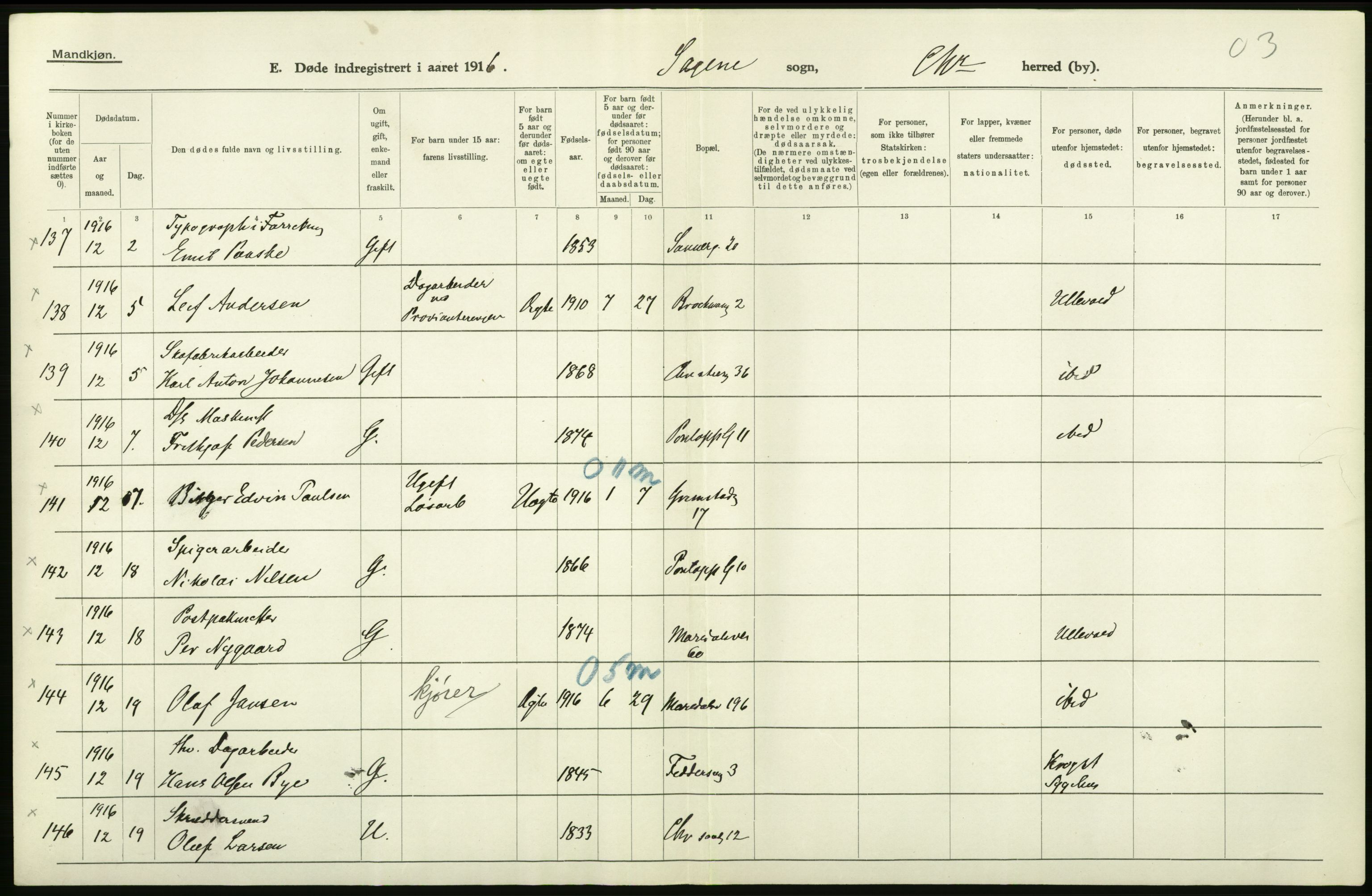 Statistisk sentralbyrå, Sosiodemografiske emner, Befolkning, AV/RA-S-2228/D/Df/Dfb/Dfbf/L0010: Kristiania: Døde, dødfødte., 1916, s. 260