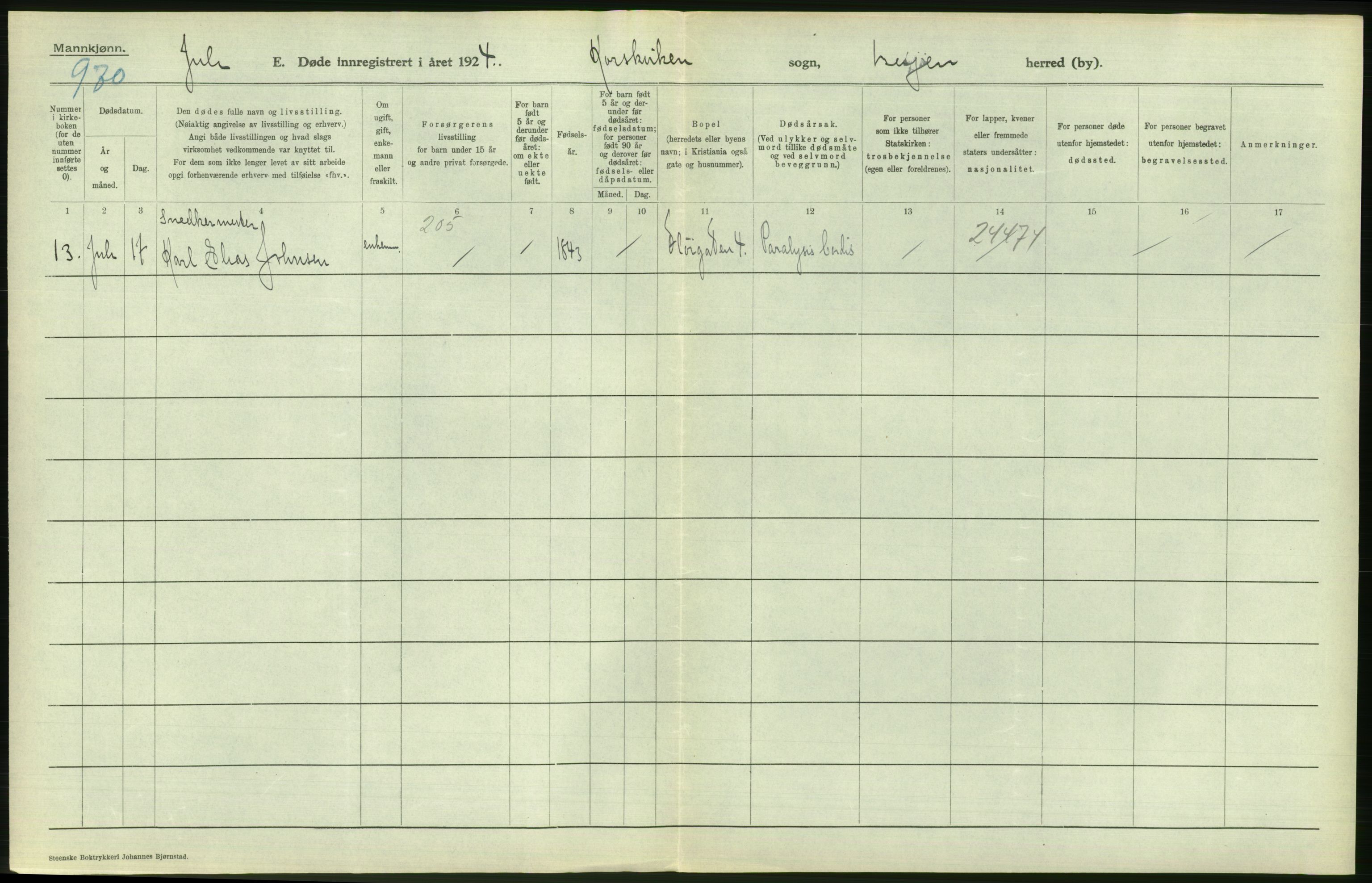 Statistisk sentralbyrå, Sosiodemografiske emner, Befolkning, AV/RA-S-2228/D/Df/Dfc/Dfcd/L0028: Bergen: Gifte, døde., 1924, s. 398