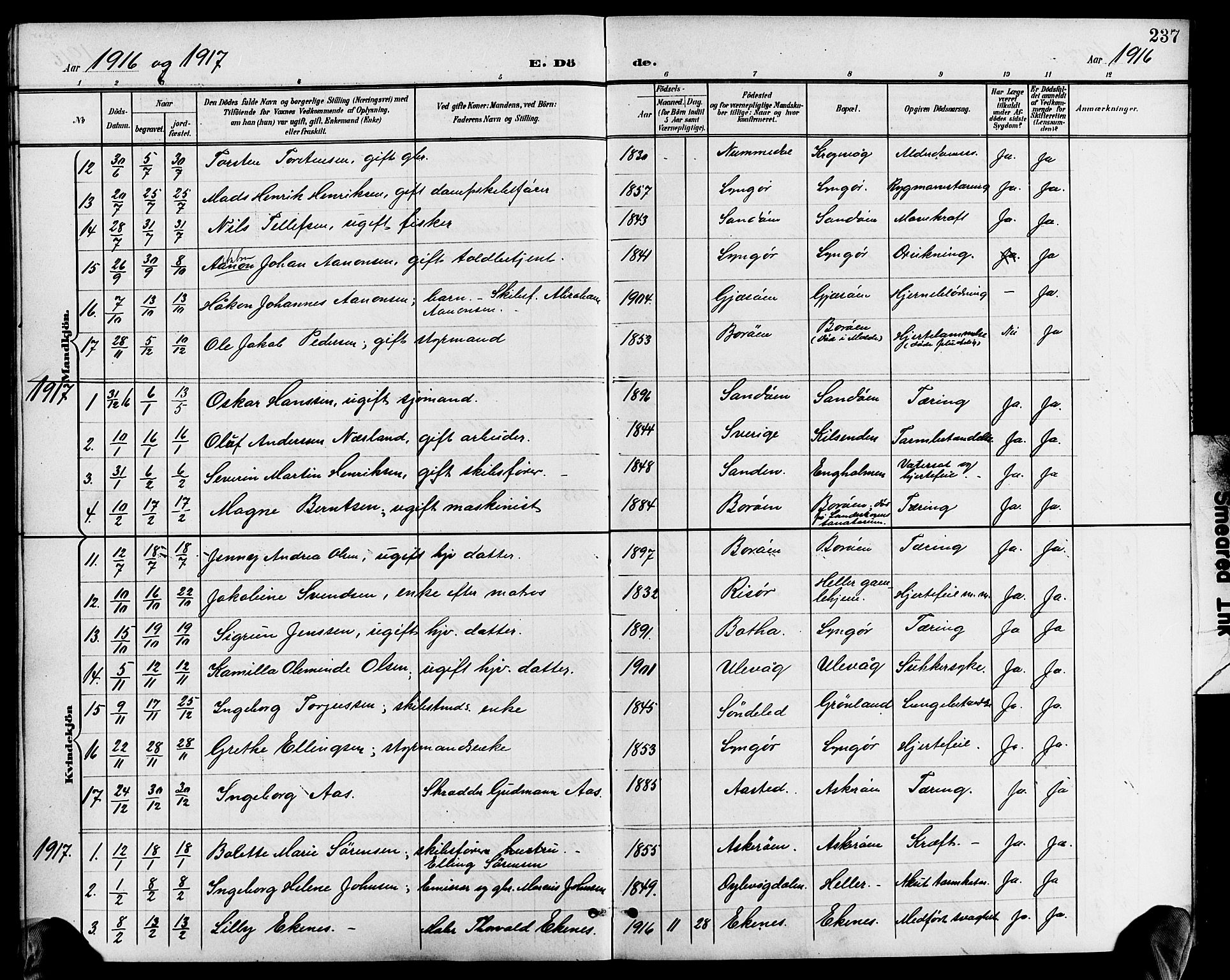 Dypvåg sokneprestkontor, AV/SAK-1111-0007/F/Fb/Fba/L0014: Klokkerbok nr. B 14, 1901-1922, s. 237