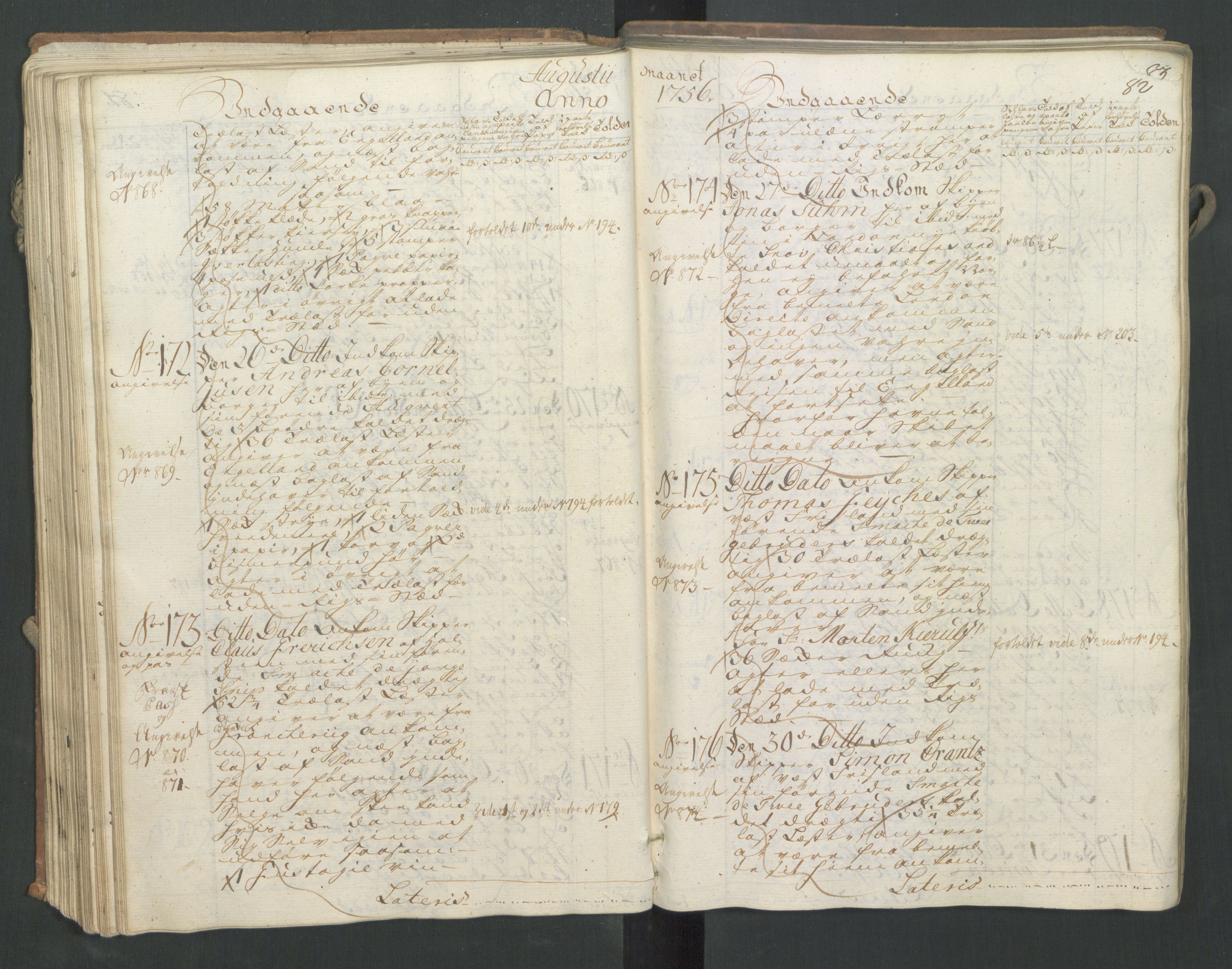 Generaltollkammeret, tollregnskaper, AV/RA-EA-5490/R16/L0033/0001: Tollregnskaper Kristiansand / Inngående hovedtollbok, 1756, s. 81b-82a