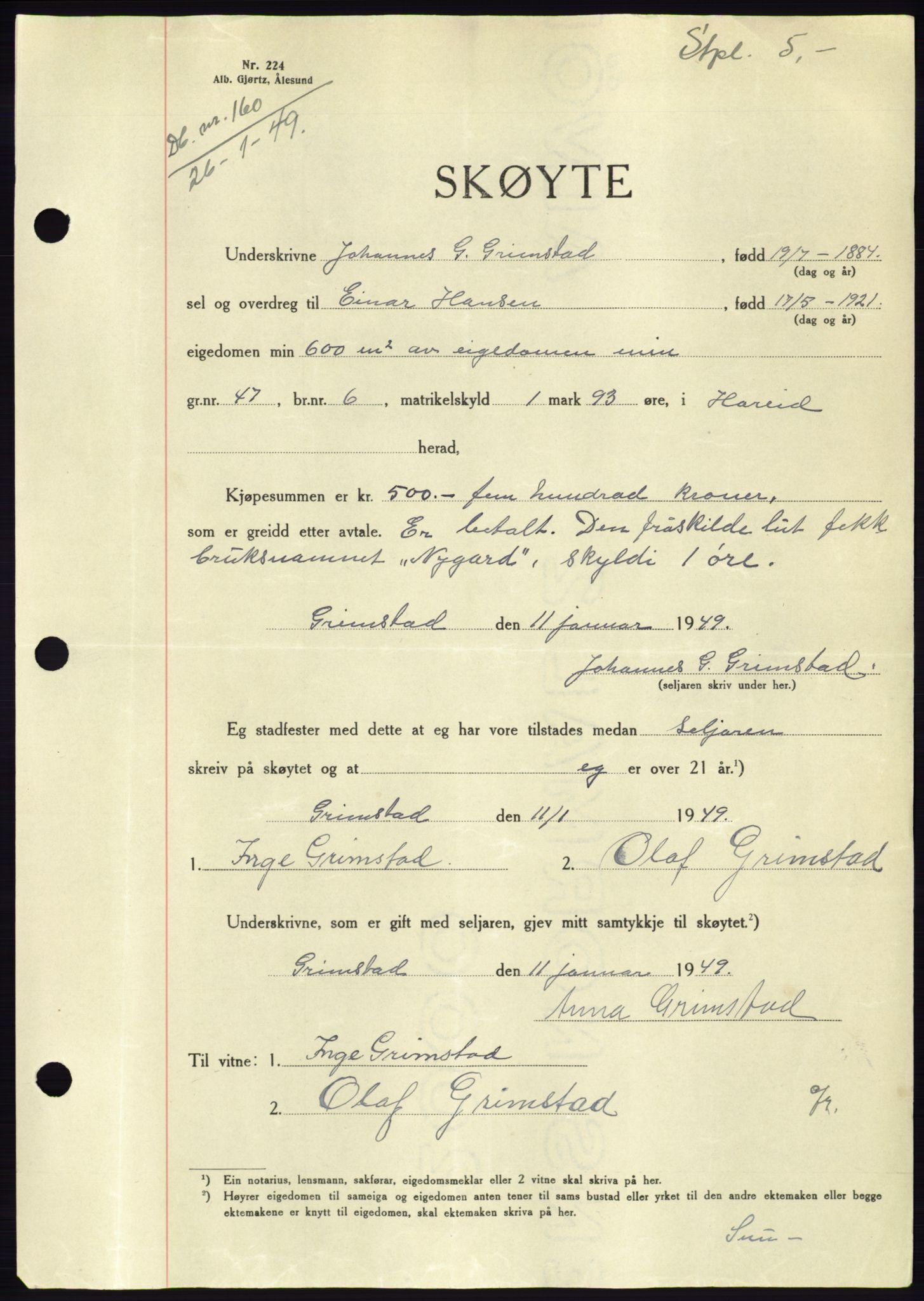 Søre Sunnmøre sorenskriveri, AV/SAT-A-4122/1/2/2C/L0083: Pantebok nr. 9A, 1948-1949, Dagboknr: 160/1949