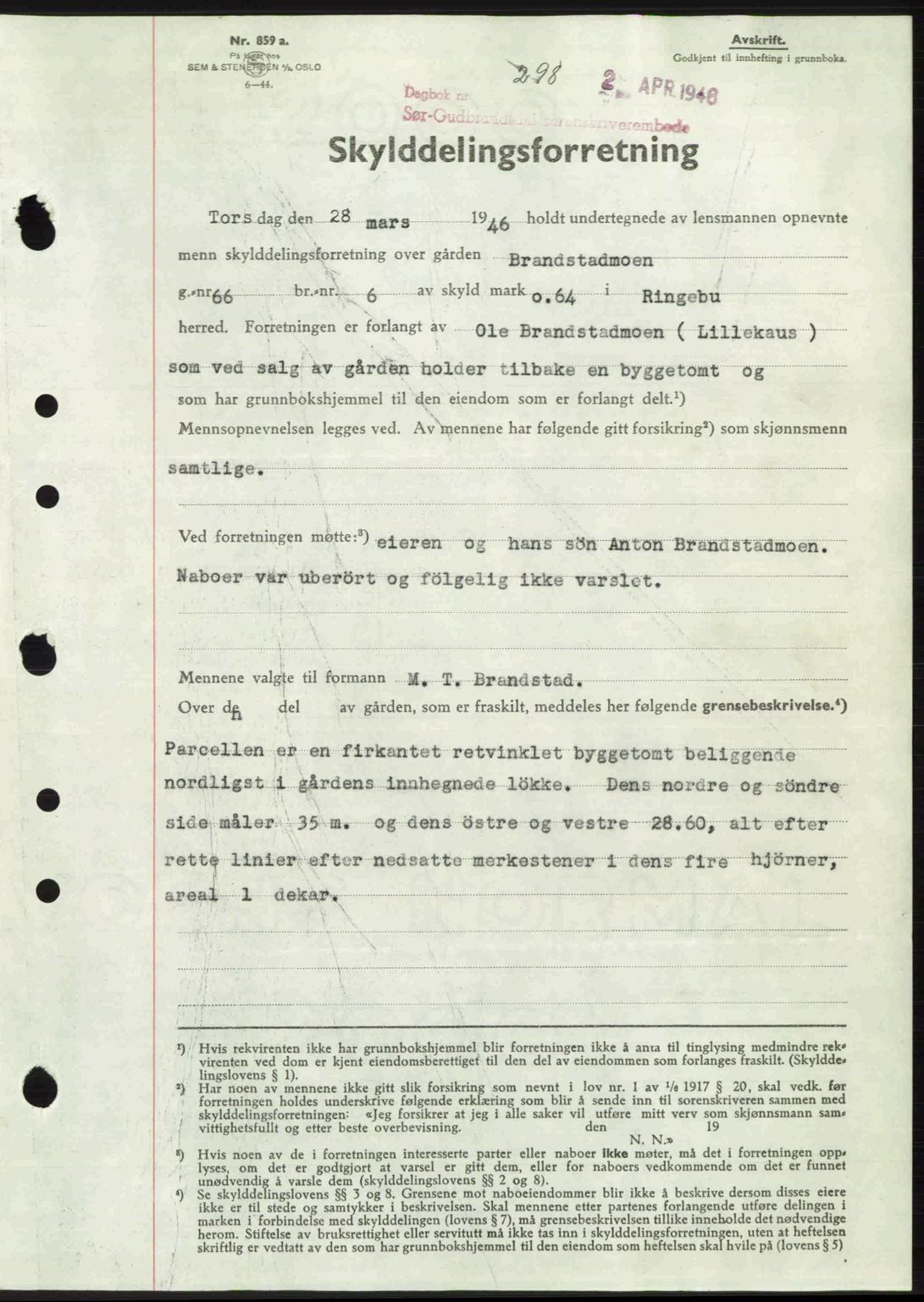 Sør-Gudbrandsdal tingrett, SAH/TING-004/H/Hb/Hbd/L0015: Pantebok nr. A15, 1945-1946, Dagboknr: 298/1946