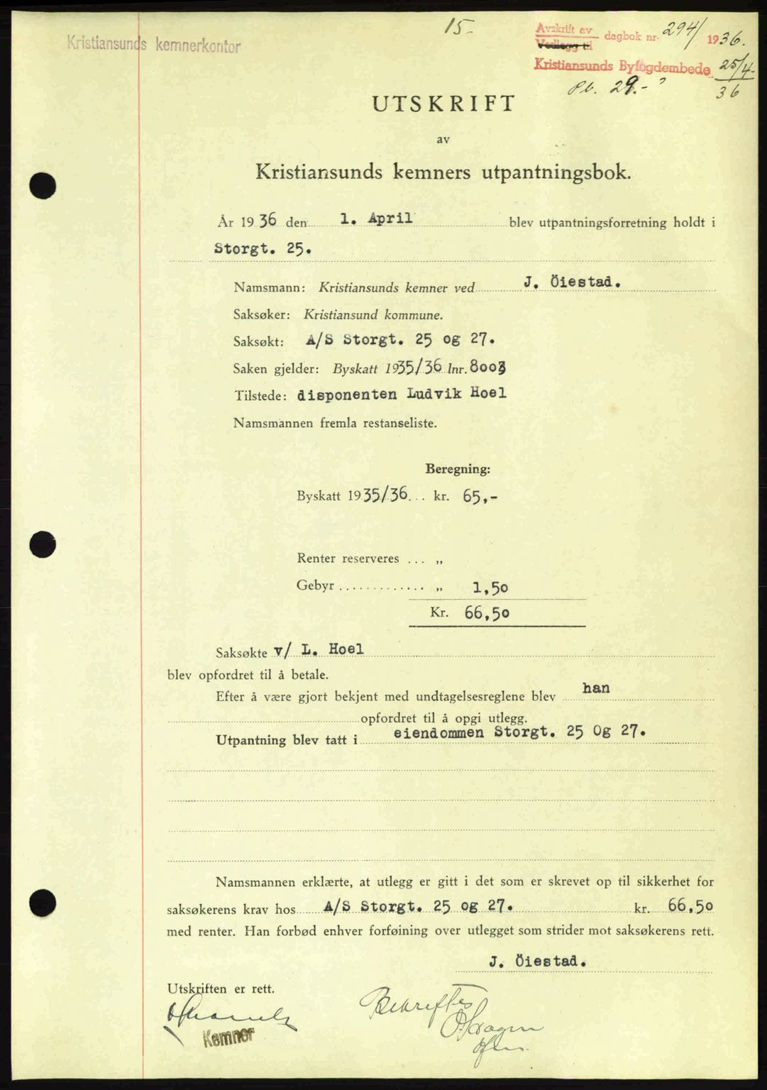 Kristiansund byfogd, SAT/A-4587/A/27: Pantebok nr. 29, 1936-1937, Dagboknr: 294/1936