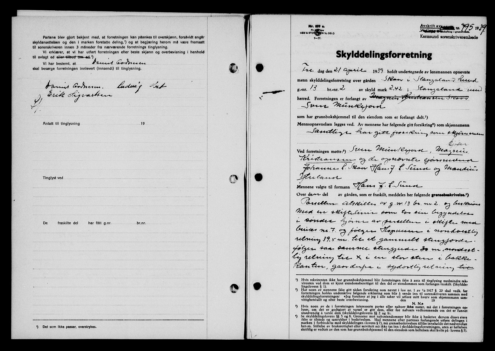 Karmsund sorenskriveri, SAST/A-100311/01/II/IIB/L0071: Pantebok nr. 52A, 1939-1939, Dagboknr: 795/1939