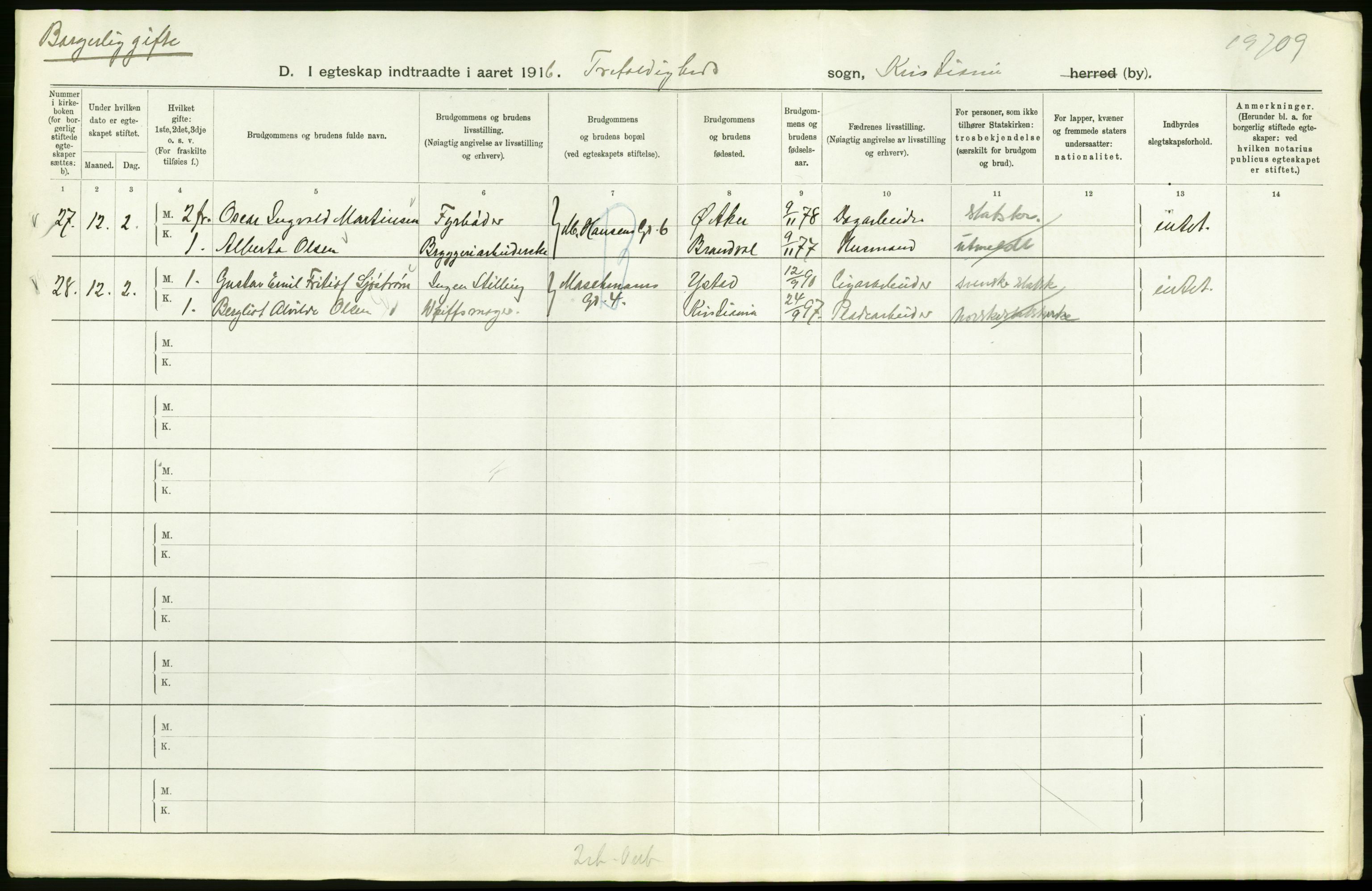 Statistisk sentralbyrå, Sosiodemografiske emner, Befolkning, RA/S-2228/D/Df/Dfb/Dfbf/L0008: Kristiania: Gifte, 1916, s. 408