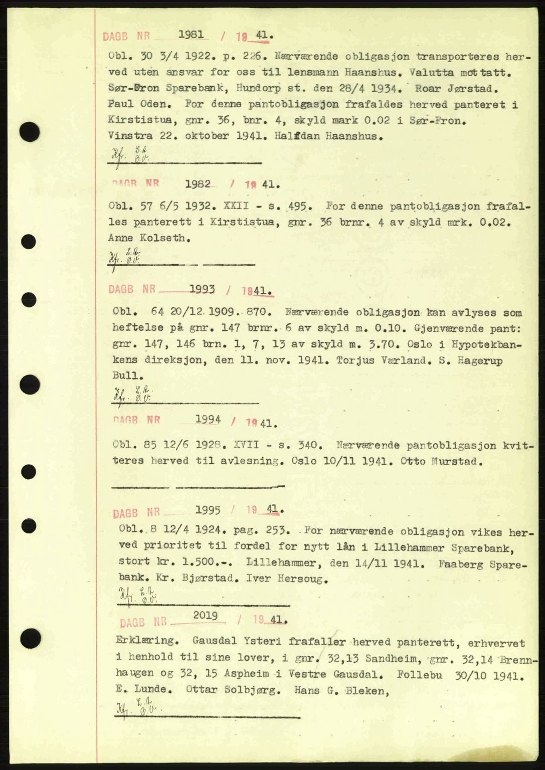 Sør-Gudbrandsdal tingrett, SAH/TING-004/H/Hb/Hbf/L0003: Pantebok nr. C5a, 1939-1946, Dagboknr: 1981/1941