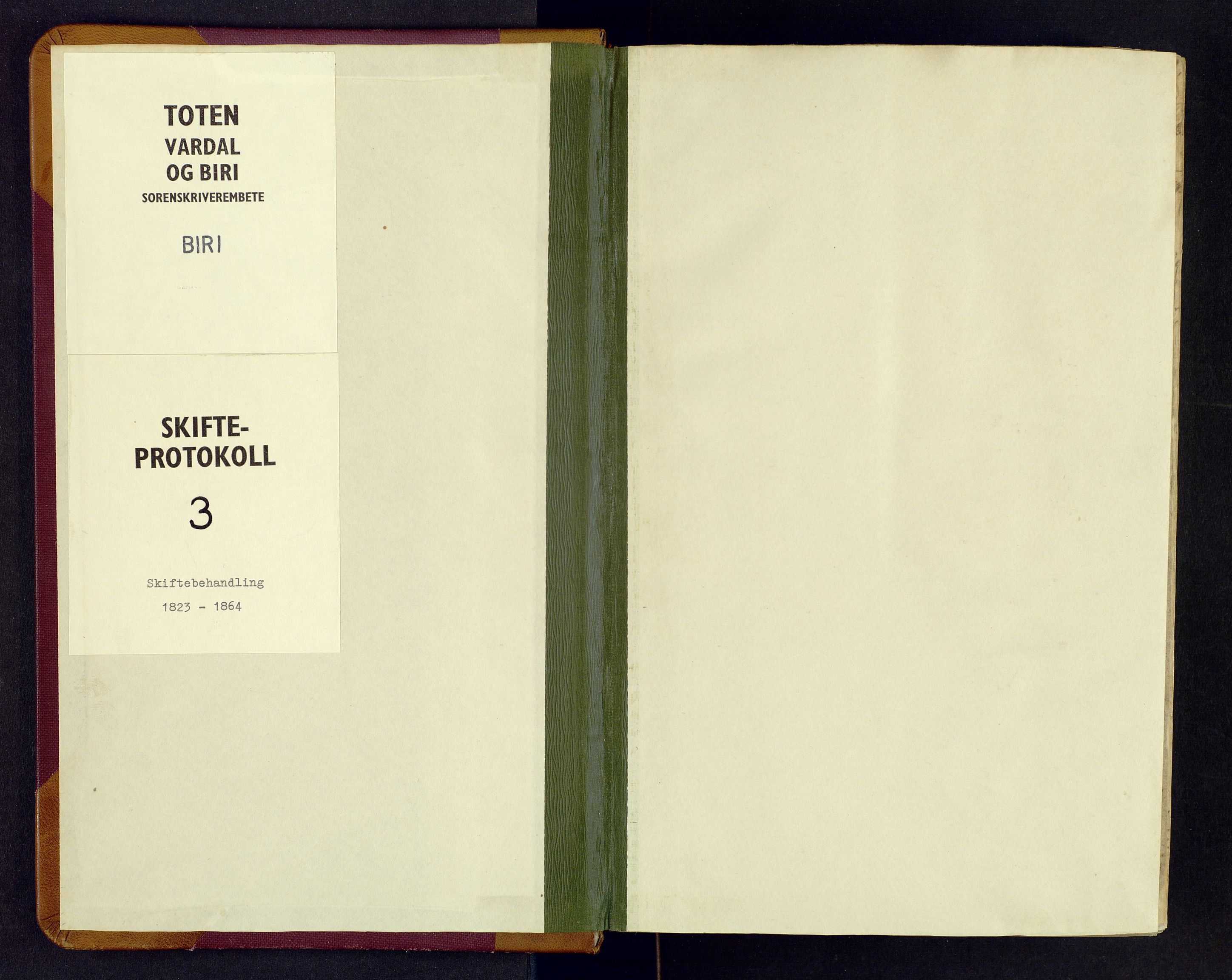 Toten tingrett, SAH/TING-006/J/Jb/L0003: Skiftebehandlingsprotokoll - Biri, 1823-1864