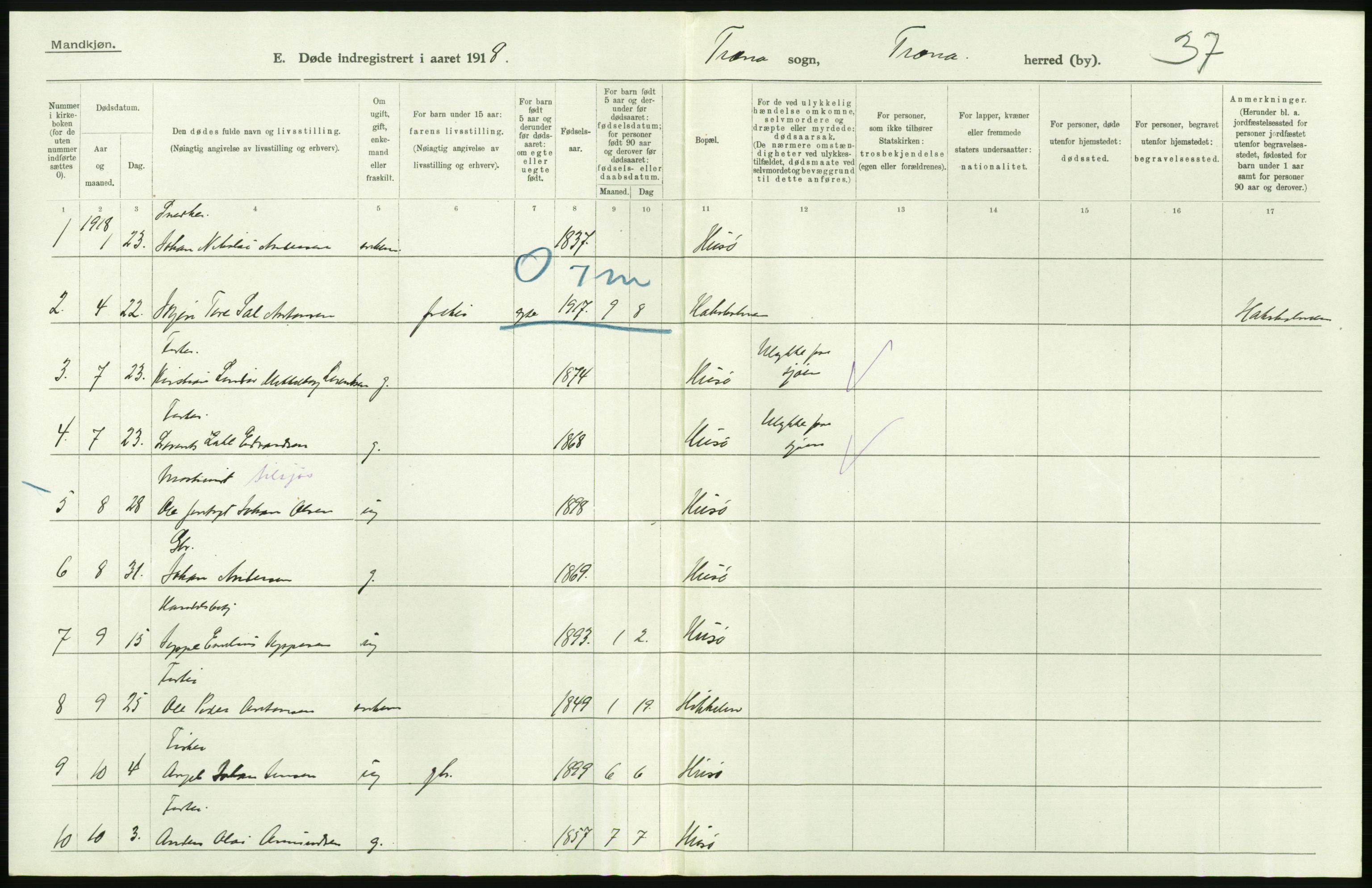 Statistisk sentralbyrå, Sosiodemografiske emner, Befolkning, RA/S-2228/D/Df/Dfb/Dfbh/L0055: Nordland fylke: Døde. Bygder og byer., 1918, s. 158