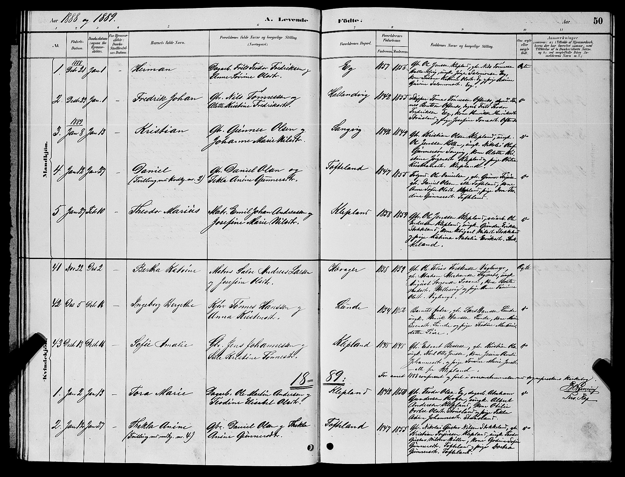 Søgne sokneprestkontor, AV/SAK-1111-0037/F/Fb/Fbb/L0005: Klokkerbok nr. B 5, 1884-1891, s. 50