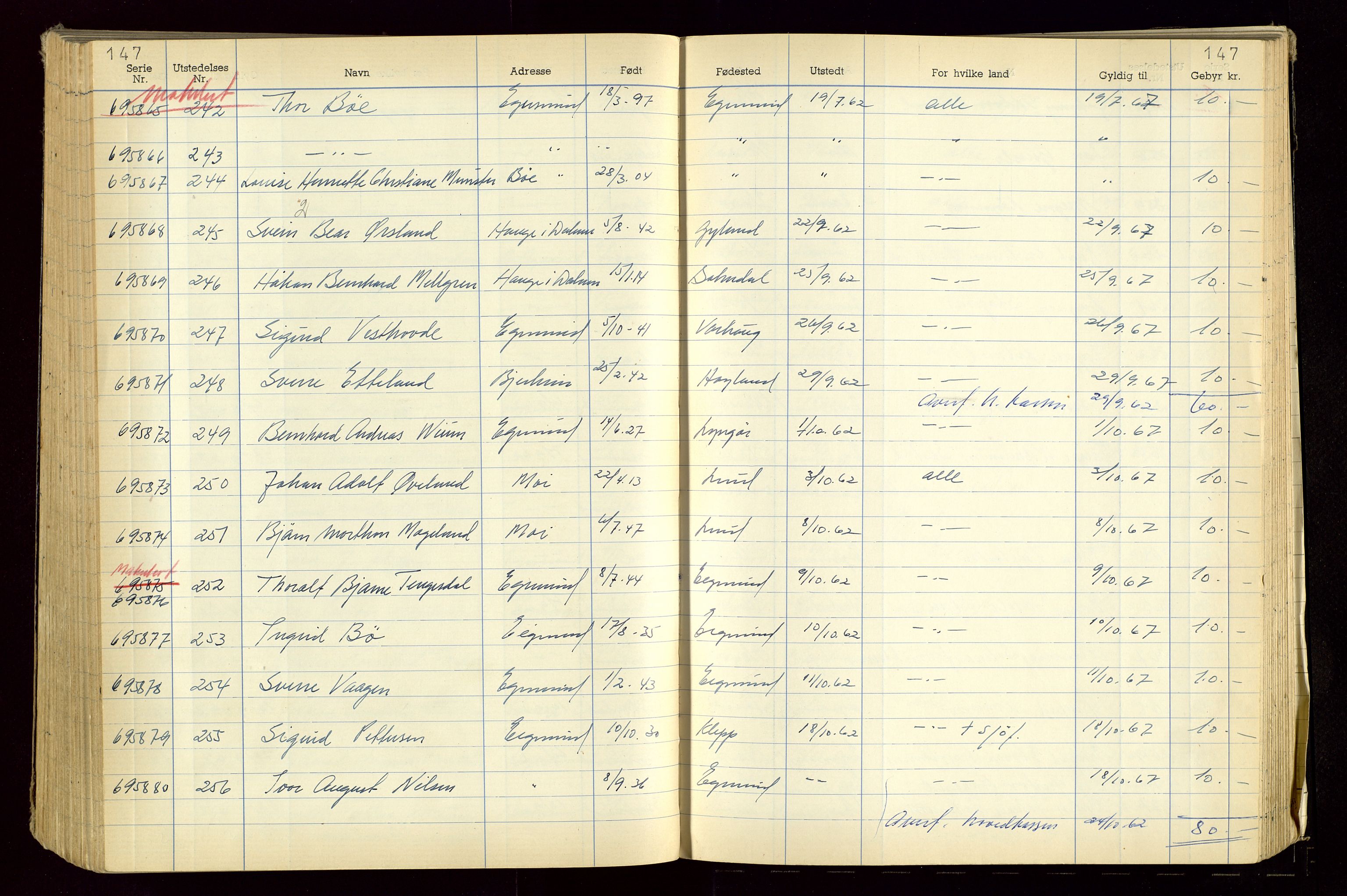 Eigersund politistasjon, AV/SAST-A-100445/K/L0001: Passjournal, 1955-1967, s. 147