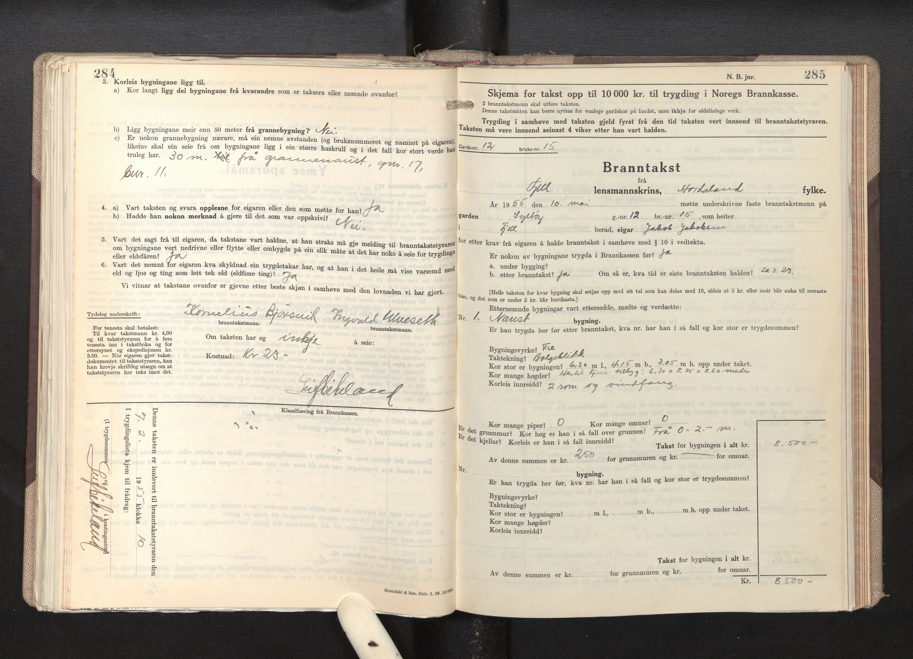 Lensmannen i Fjell, AV/SAB-A-32301/0012/L0007: Branntakstprotokoll, skjematakst, 1946-1955, s. 284-285