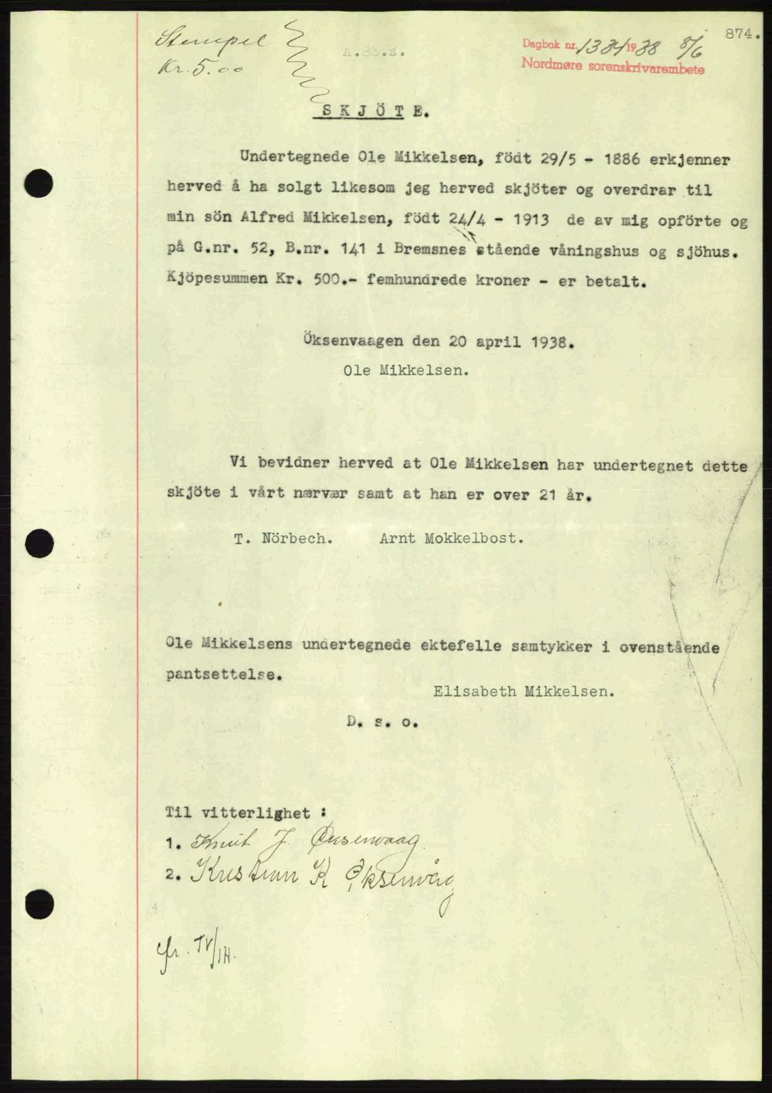 Nordmøre sorenskriveri, SAT/A-4132/1/2/2Ca: Pantebok nr. A83, 1938-1938, Dagboknr: 1334/1938