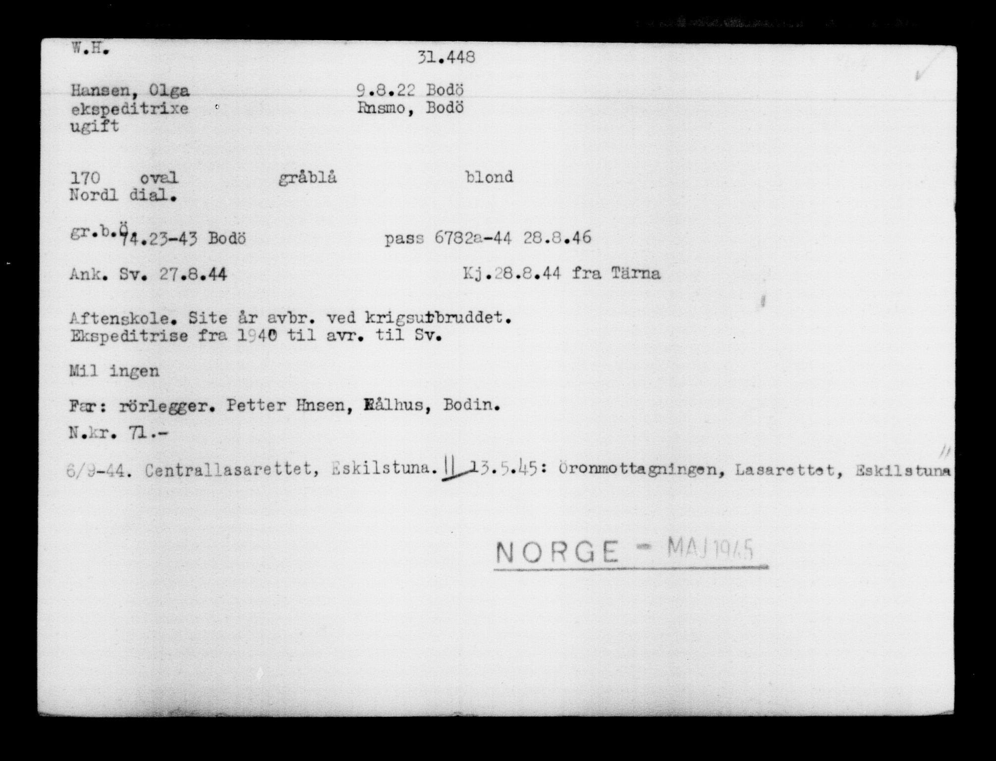 Utenriksstasjonene, Legasjonen i Stockholm, Flyktningkontoret, AV/RA-S-6753/V/Va/L0012: Kjesäterkartoteket, flyktninger med registreringsnr. 28300-31566, 1940-1945, s. 3409