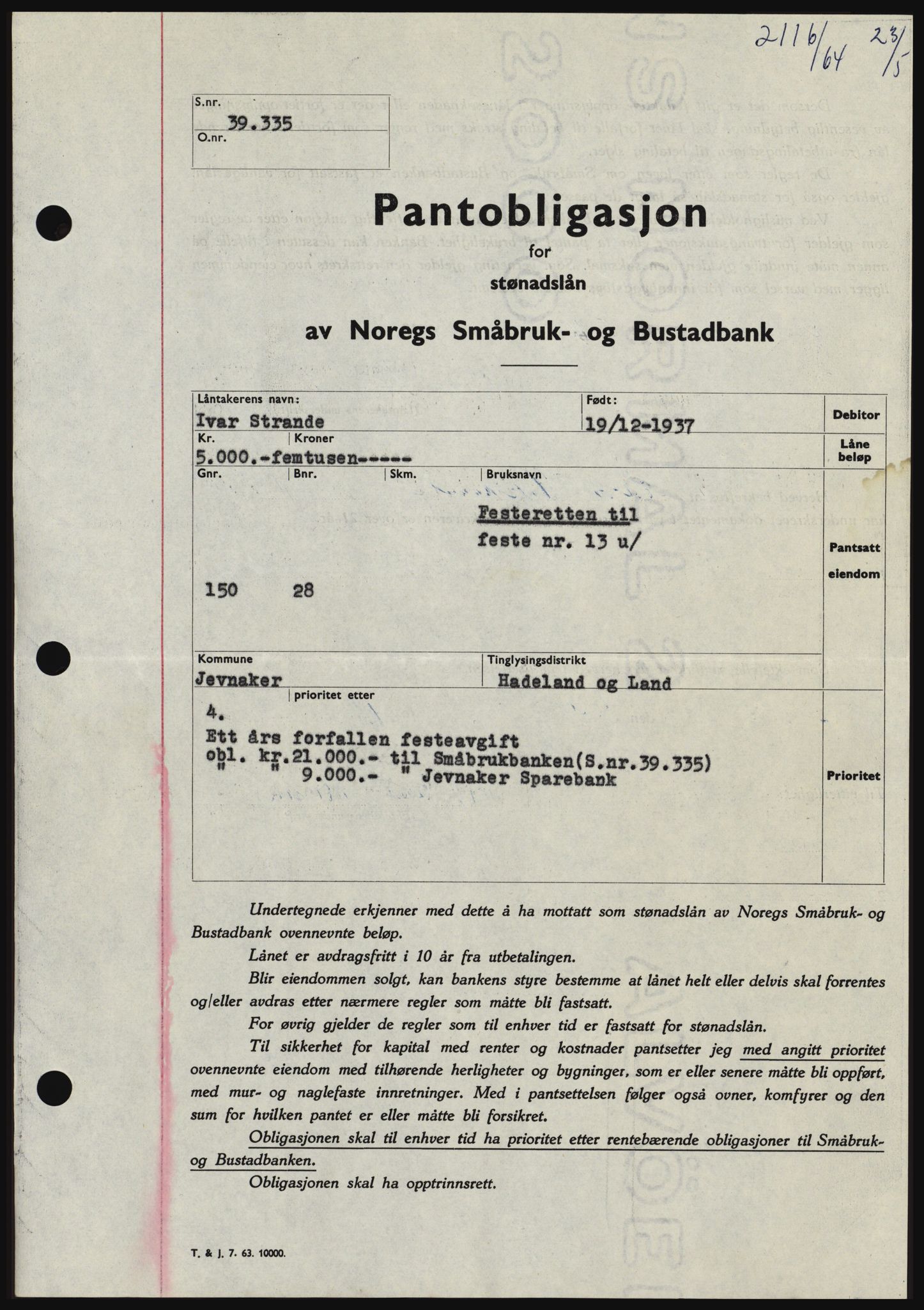 Hadeland og Land tingrett, SAH/TING-010/H/Hb/Hbc/L0055: Pantebok nr. B55, 1964-1964, Dagboknr: 2116/1964