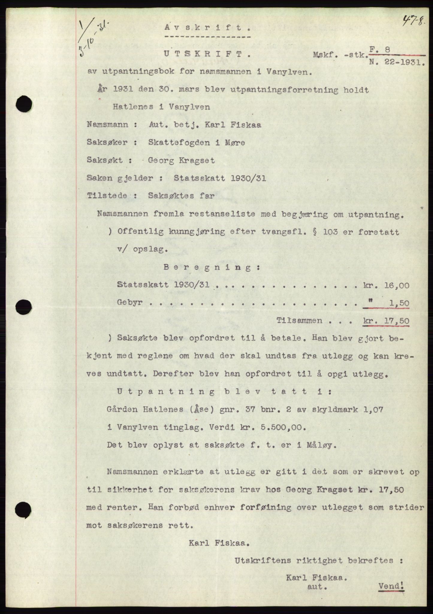 Søre Sunnmøre sorenskriveri, AV/SAT-A-4122/1/2/2C/L0052: Pantebok nr. 46, 1931-1931, Tingl.dato: 03.10.1931