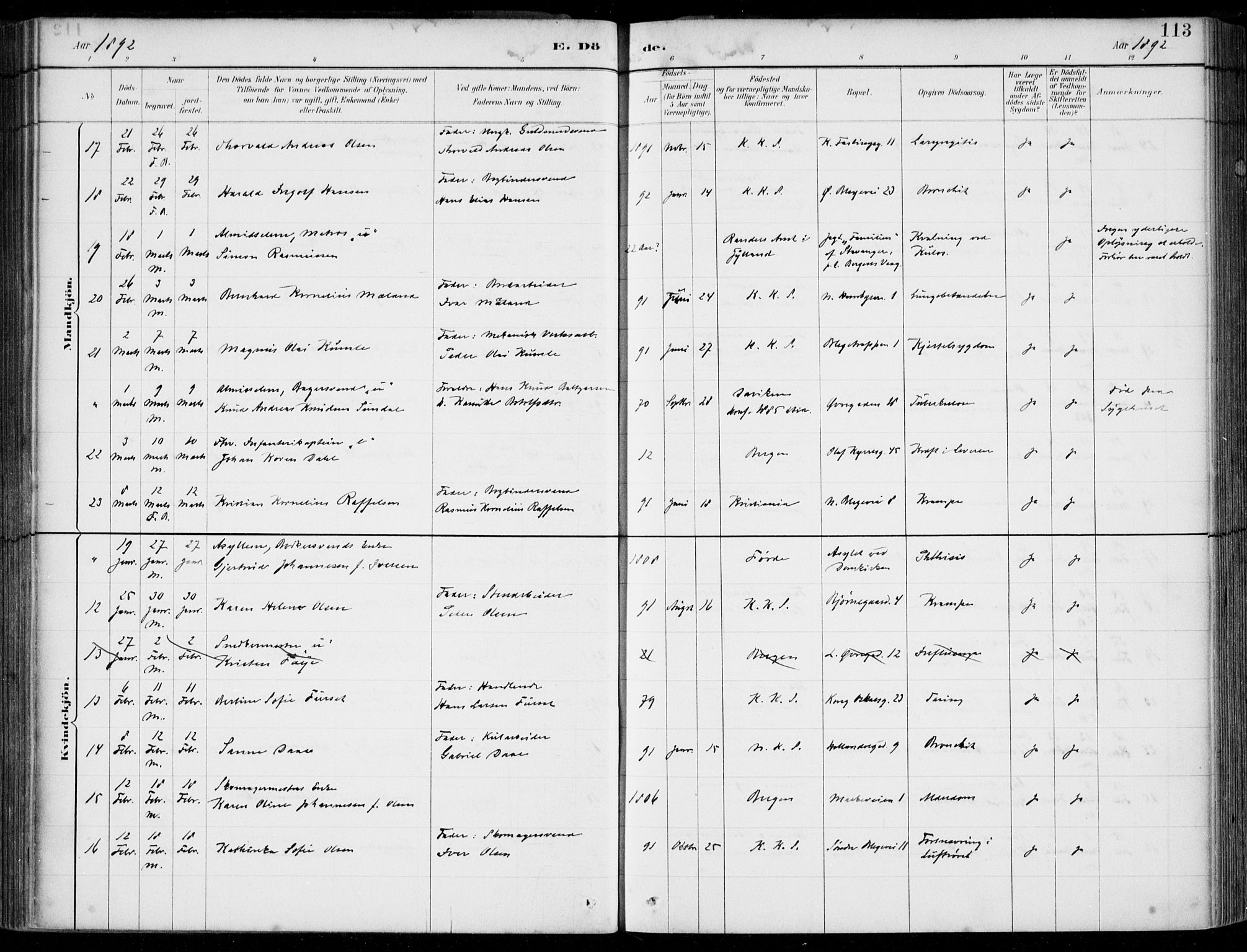 Korskirken sokneprestembete, AV/SAB-A-76101/H/Hab: Klokkerbok nr. E 4, 1884-1910, s. 113