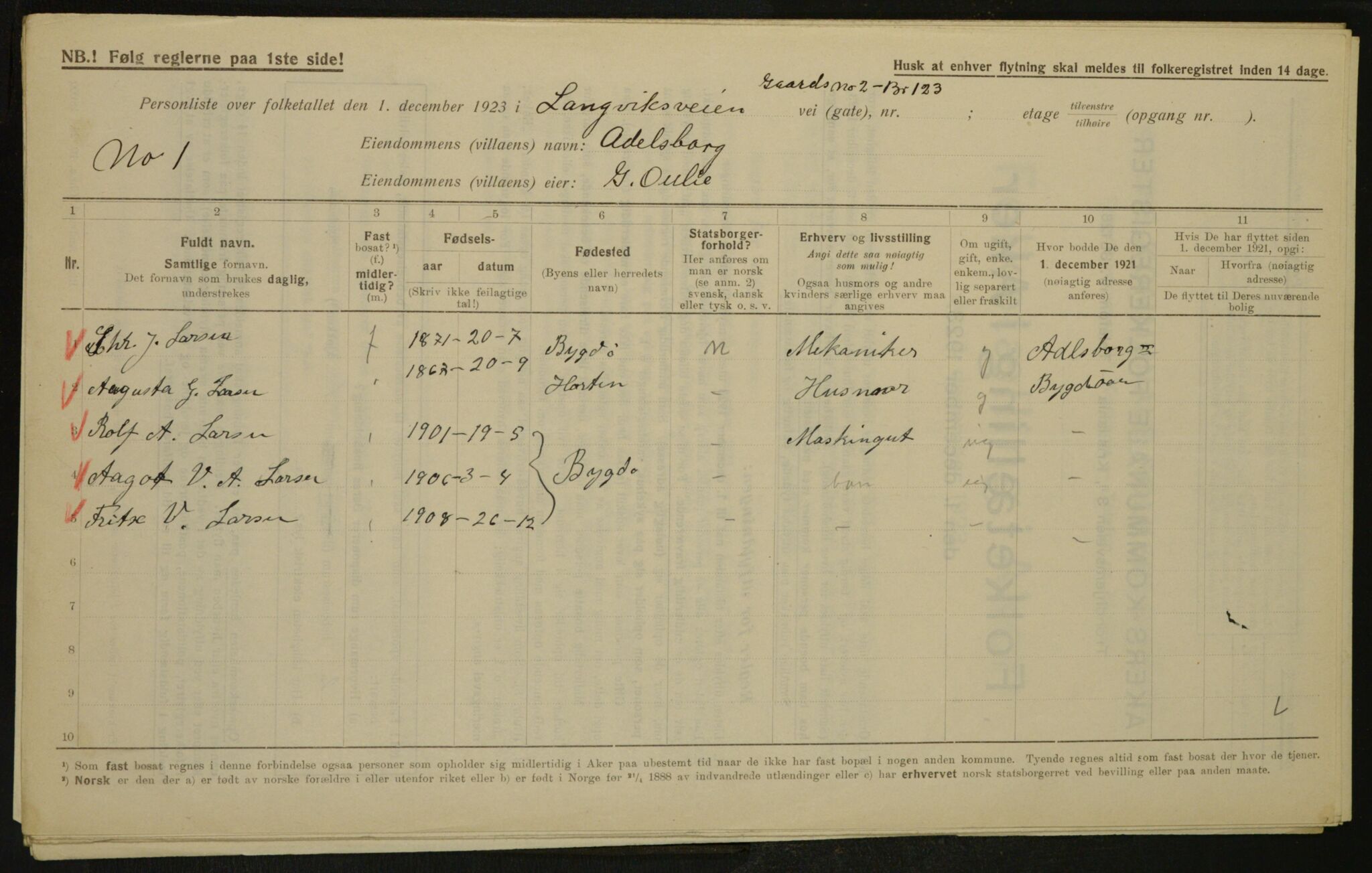 , Kommunal folketelling 1.12.1923 for Aker, 1923, s. 3382