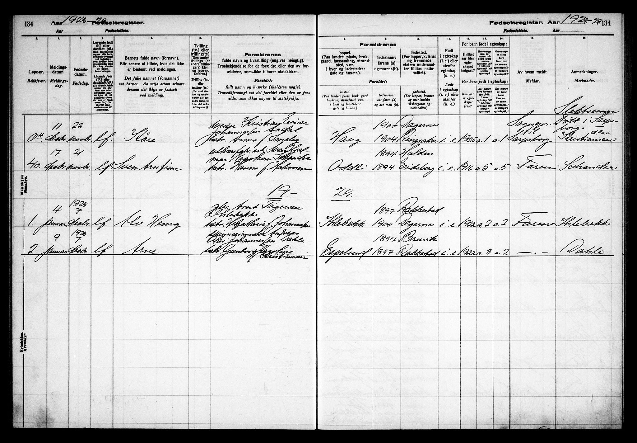 Rakkestad prestekontor Kirkebøker, AV/SAO-A-2008/J/Ja/L0001: Fødselsregister nr. I 1, 1916-1936, s. 134