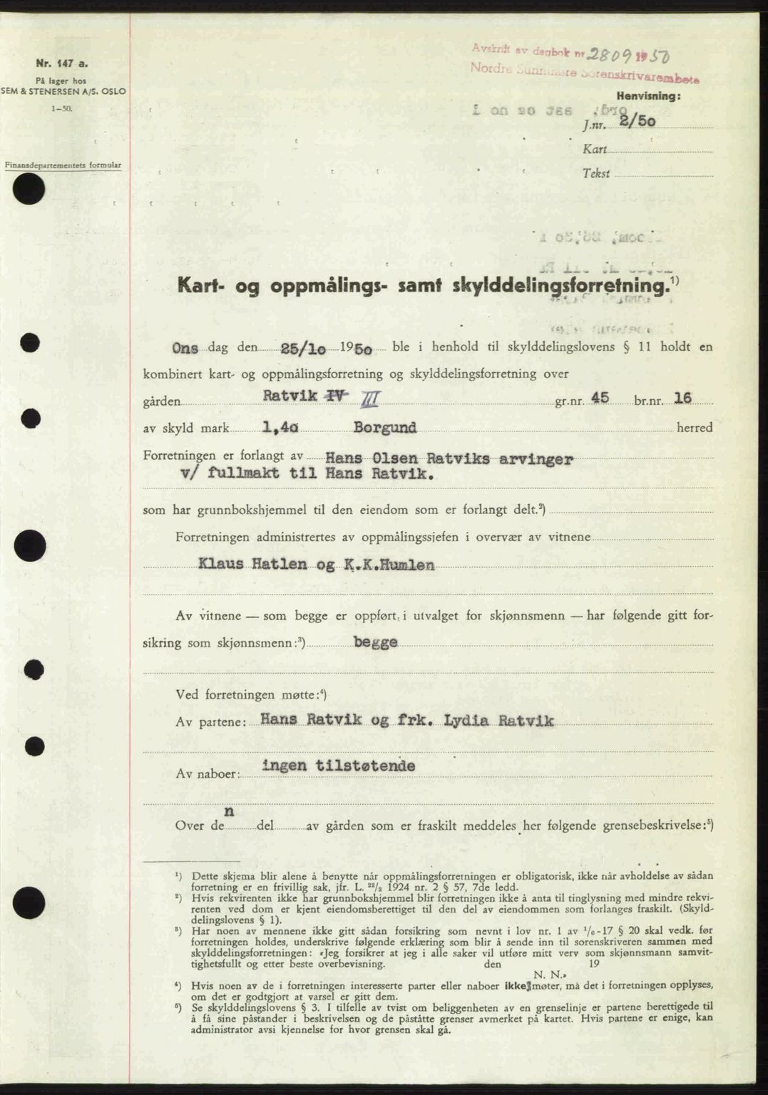 Nordre Sunnmøre sorenskriveri, AV/SAT-A-0006/1/2/2C/2Ca: Pantebok nr. A36, 1950-1950, Dagboknr: 2809/1950