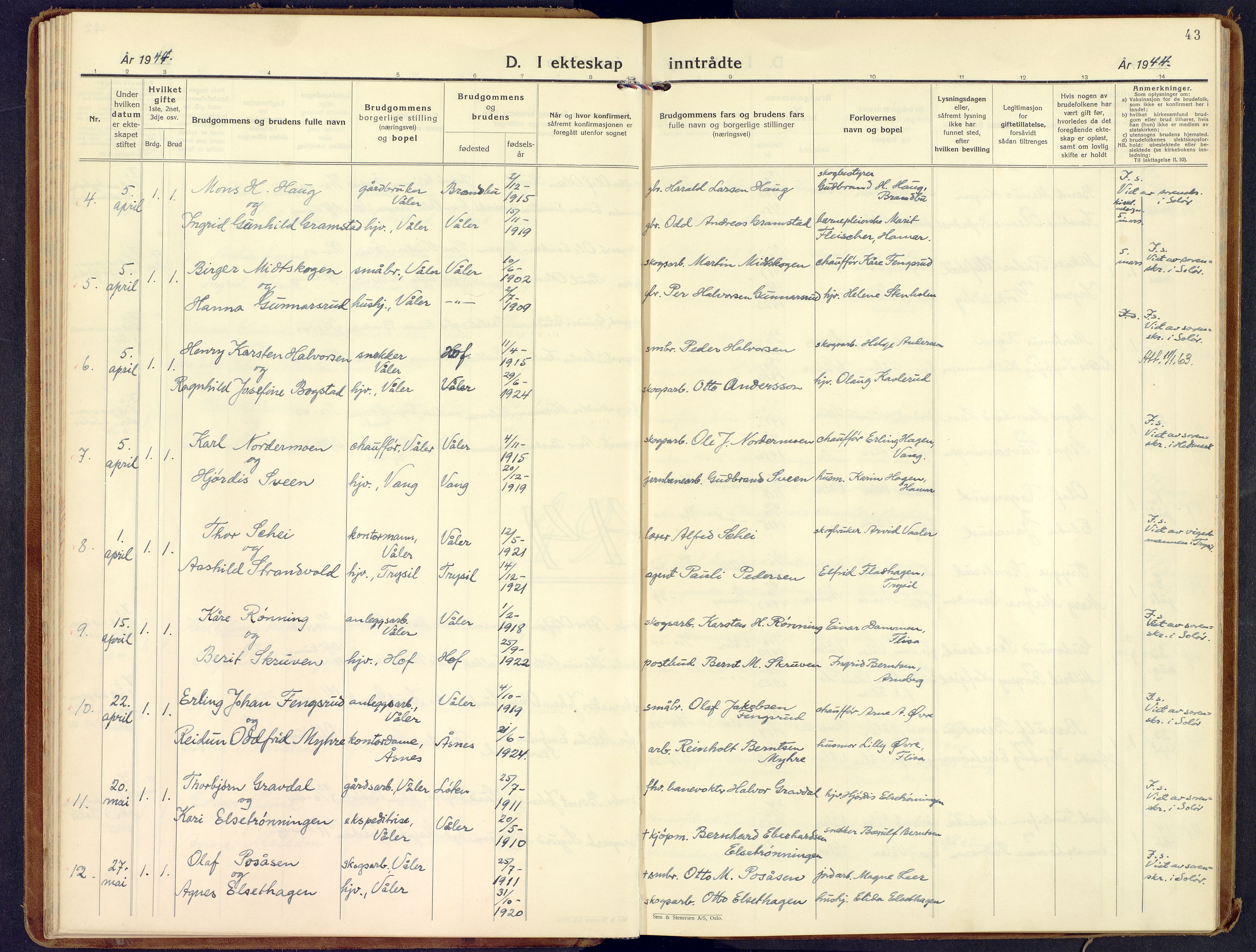 Våler prestekontor, Hedmark, AV/SAH-PREST-040/H/Ha/Haa/L0012: Ministerialbok nr. 12, 1933-1952, s. 43