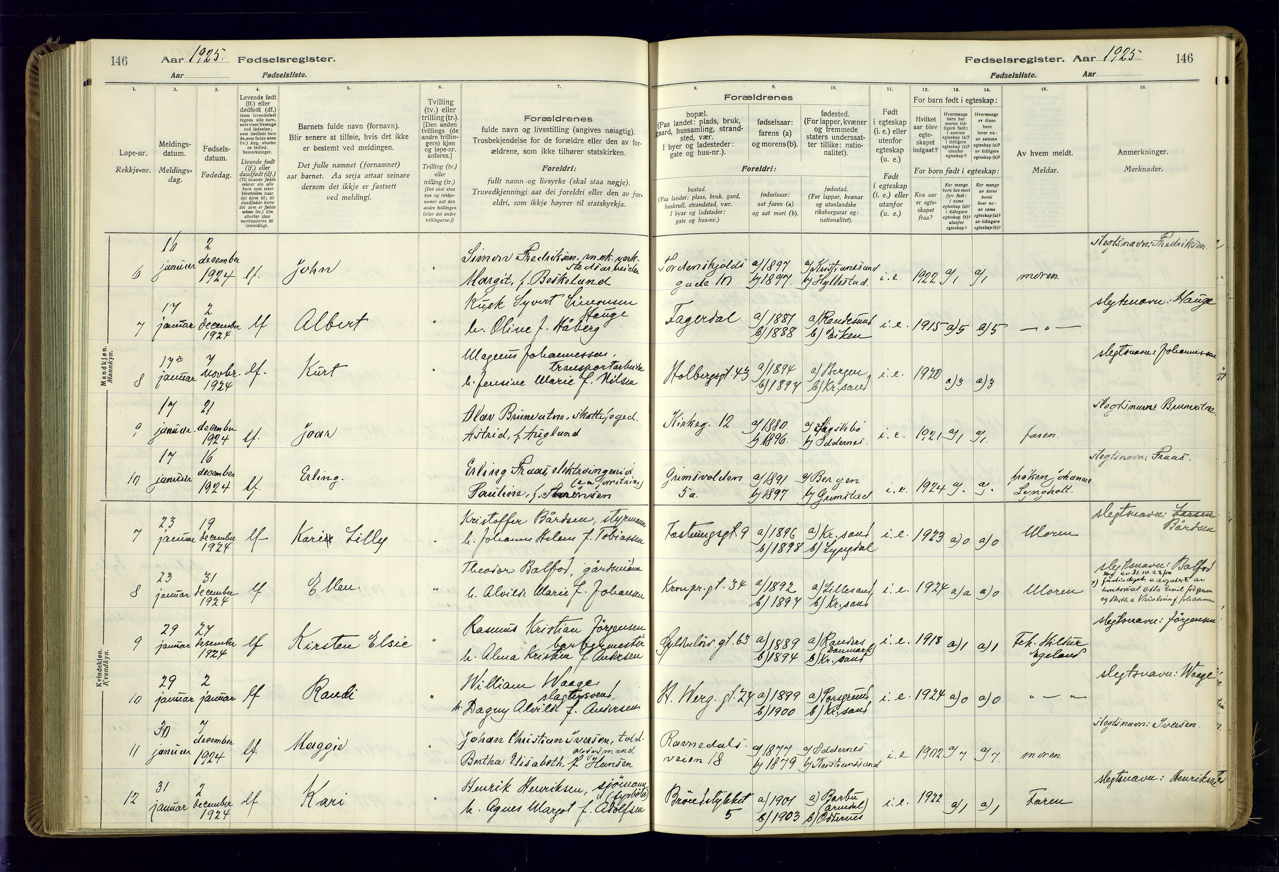 Kristiansand domprosti, AV/SAK-1112-0006/J/Jc/L0002: Fødselsregister nr. A-VI-46, 1921-1926, s. 146