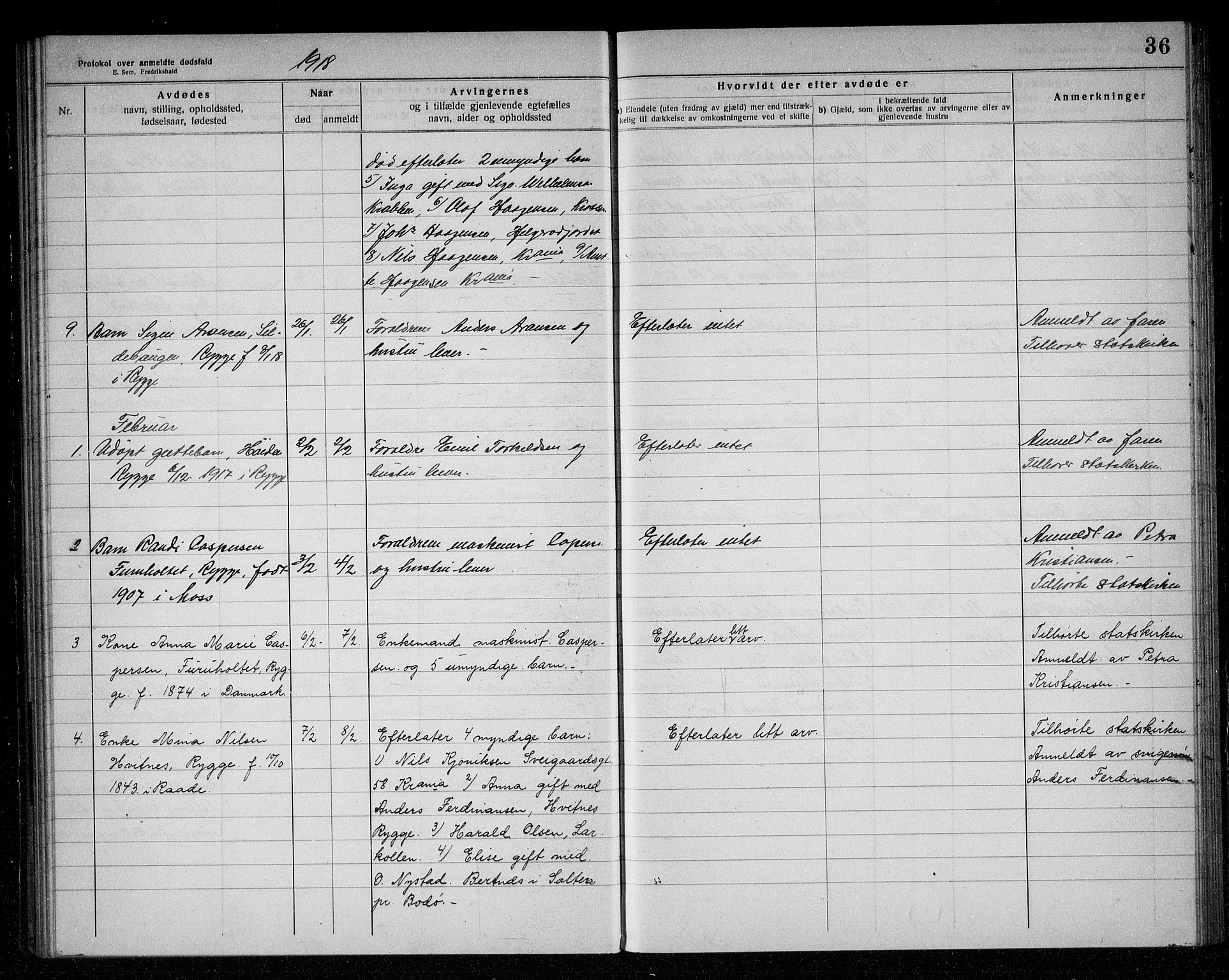 Rygge lensmannskontor, AV/SAO-A-10005/H/Ha/Haa/L0006: Dødsfallsprotokoll, 1916-1920, s. 36