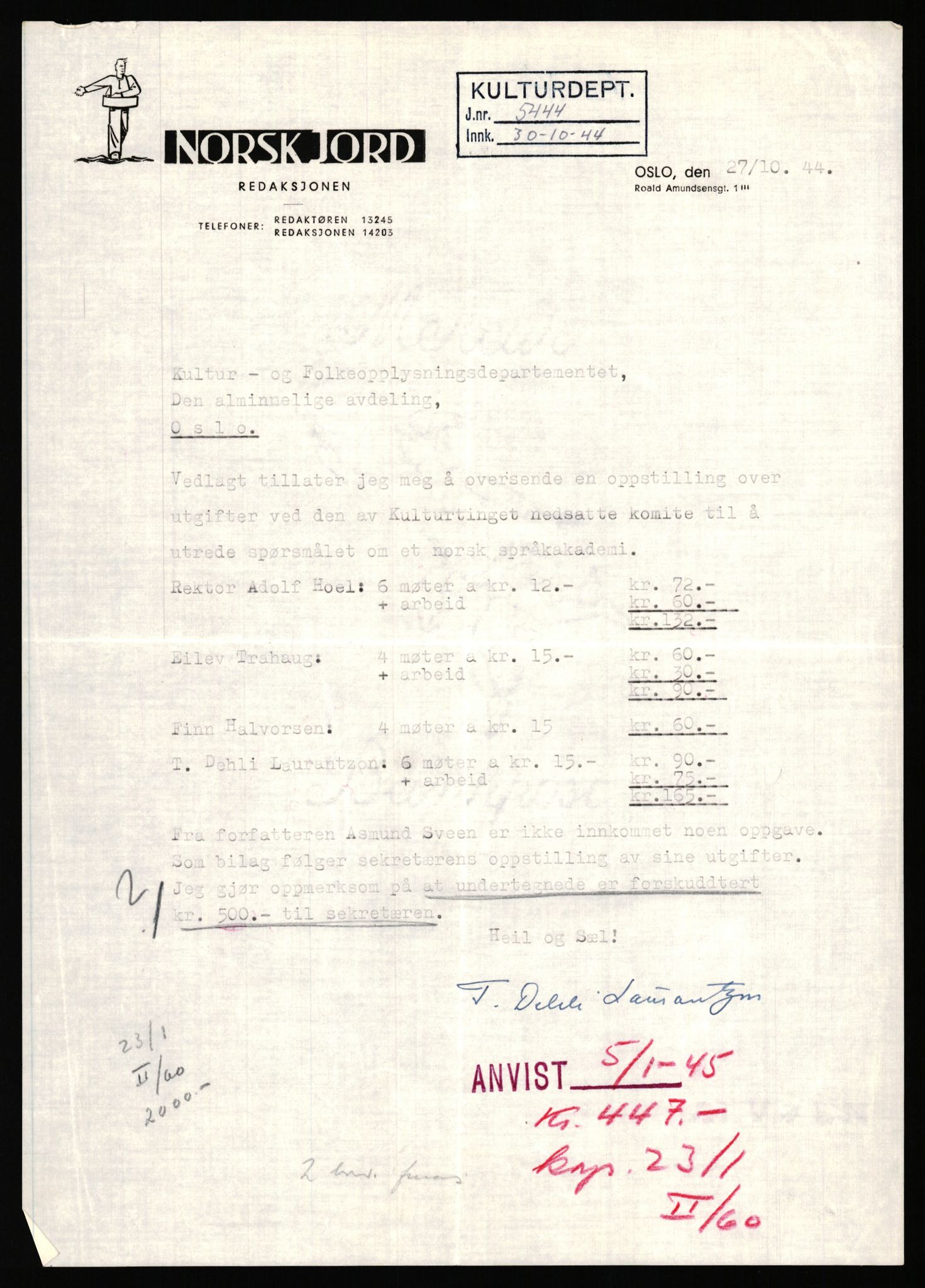 Kultur- og folkeopplysningsdepartementet, Den alminnelige avdeling. 1940-45, AV/RA-S-6010/E/Ea/L0016/0007: Sakarkiv / Kulturtingets møter 1944 i Trondheim, 1943-1945, s. 20