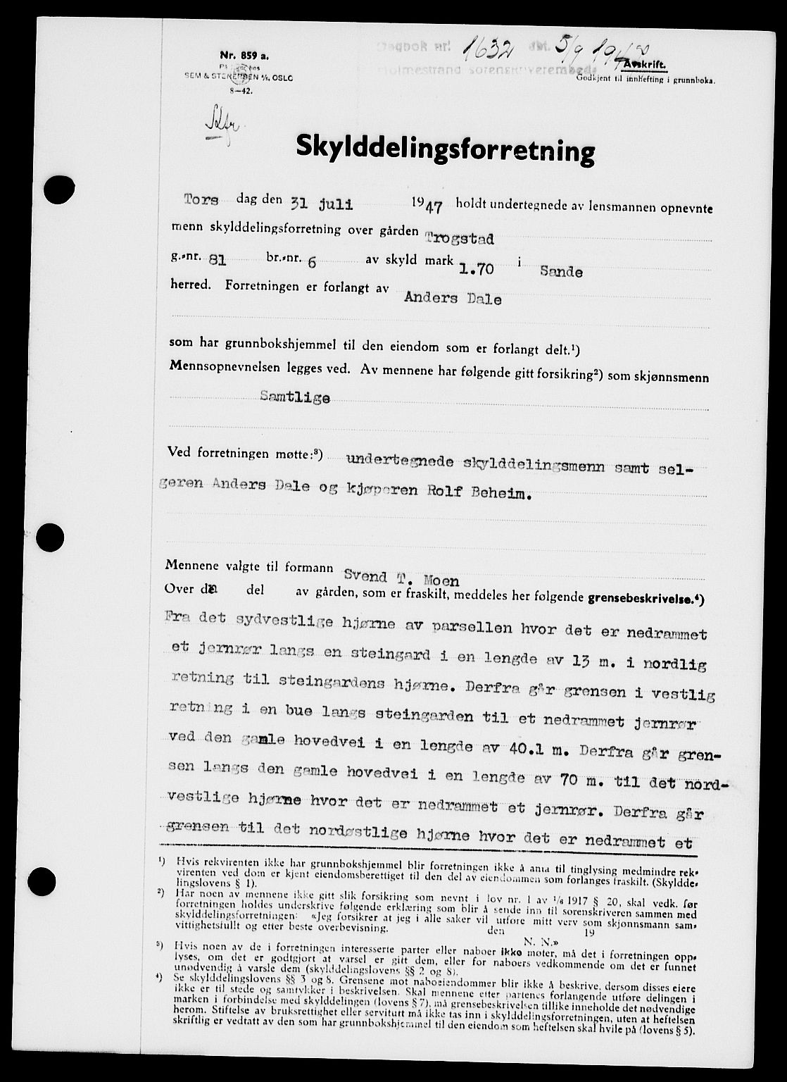 Holmestrand sorenskriveri, SAKO/A-67/G/Ga/Gaa/L0062: Pantebok nr. A-62, 1947-1947, Dagboknr: 1632/1947