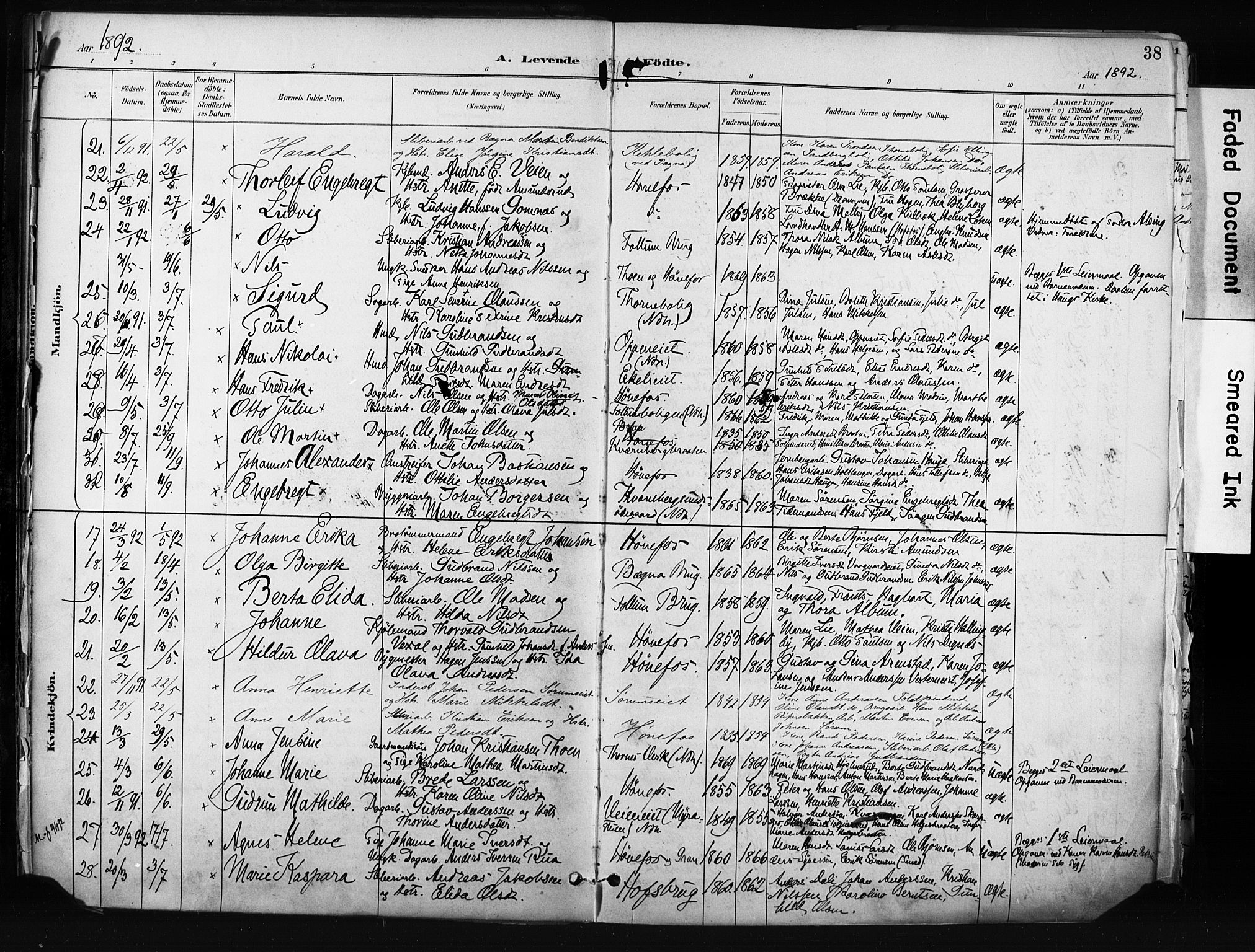 Hønefoss kirkebøker, AV/SAKO-A-609/F/Fa/L0002: Ministerialbok nr. 2, 1887-1906, s. 38