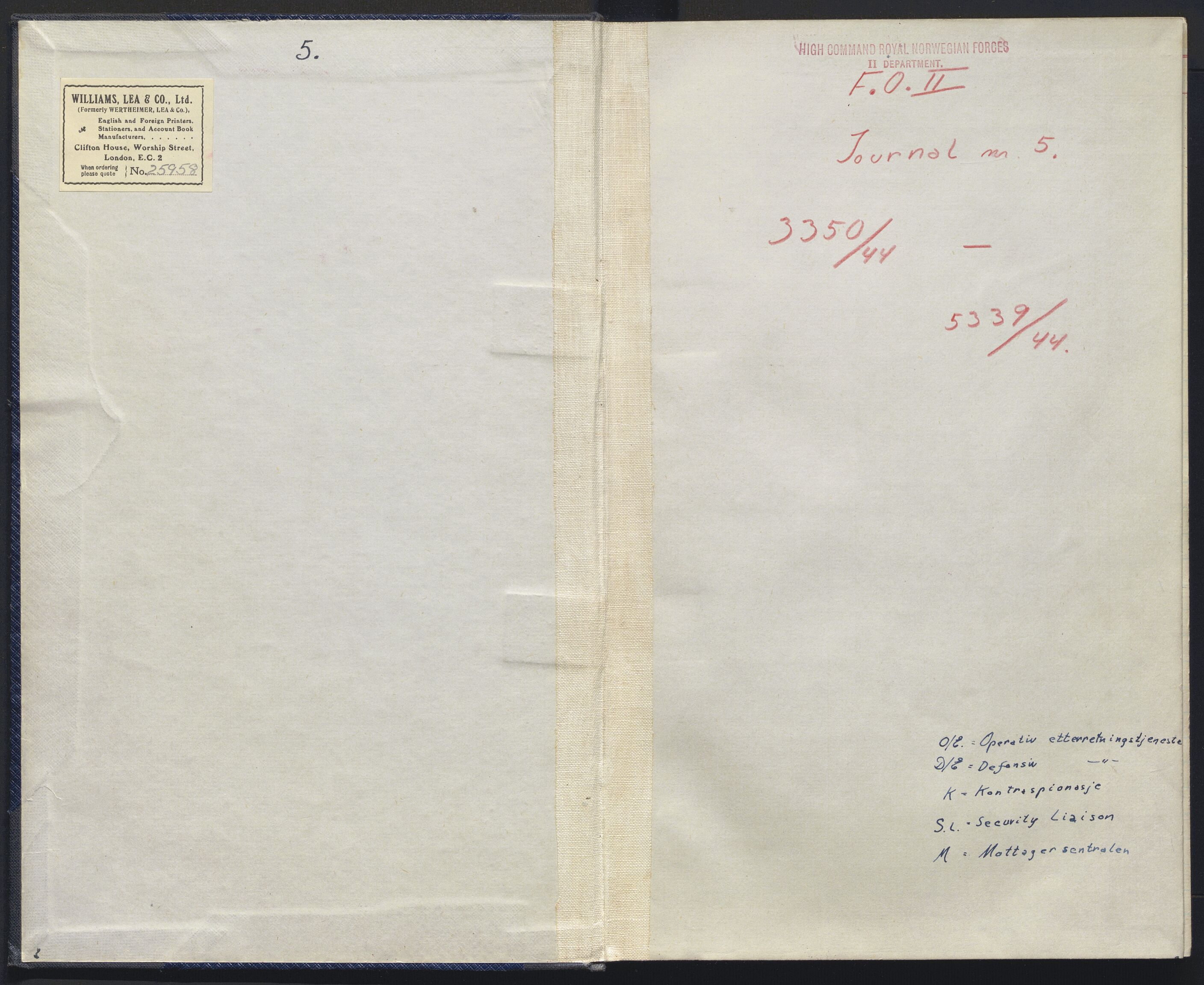 Forsvarets Overkommando. 2. kontor. Arkiv 8.3 (FO.II/8.3). Korrespondanse FD/E og FO.II, AV/RA-RAFA-7141/Dac/Dacb/L0015/0003: Postjournaler / MP3 - FO.II Hemmelig journal, jnr. 3350/44 - 5339a/44, 1944