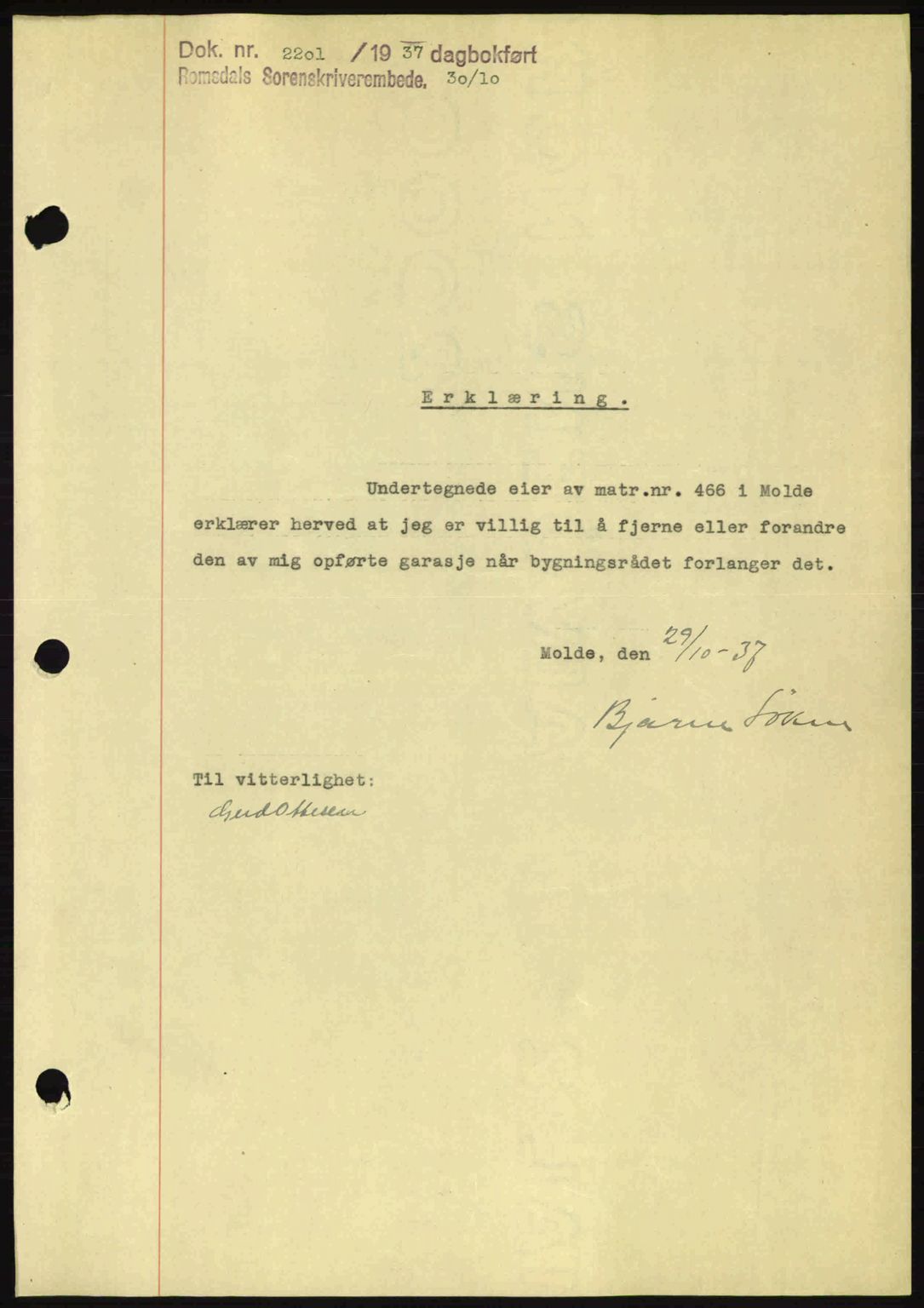 Romsdal sorenskriveri, SAT/A-4149/1/2/2C: Pantebok nr. A4, 1937-1938, Dagboknr: 2201/1937