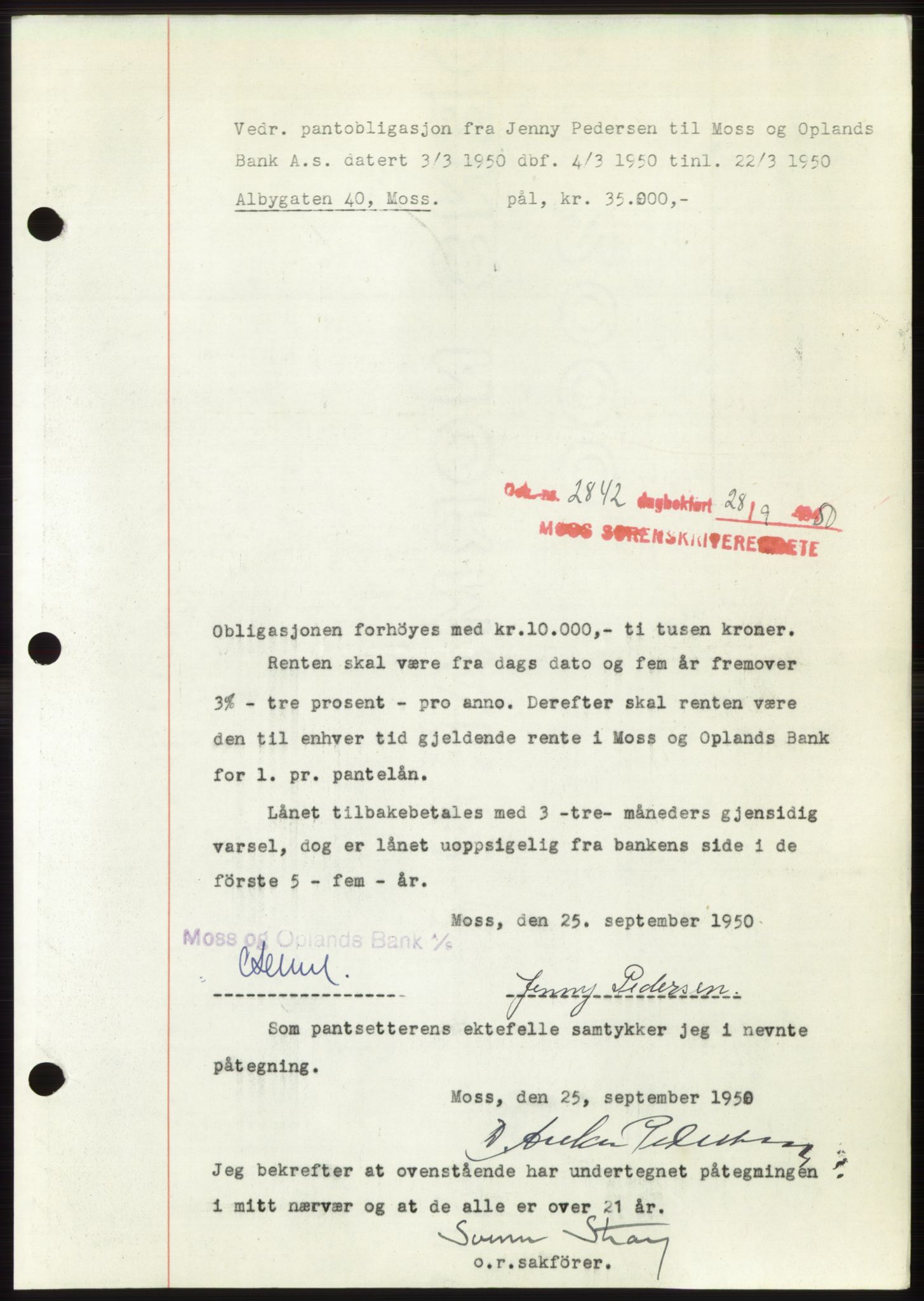 Moss sorenskriveri, SAO/A-10168: Pantebok nr. B25, 1950-1950, Dagboknr: 2842/1950