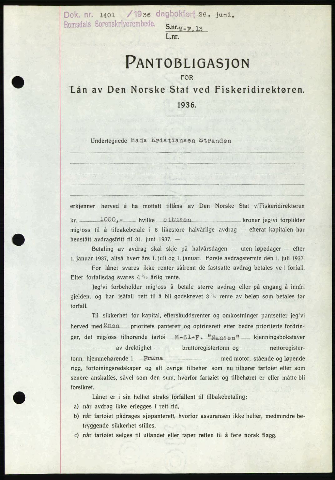 Romsdal sorenskriveri, SAT/A-4149/1/2/2C: Pantebok nr. B1, 1936-1939, Dagboknr: 1401/1936