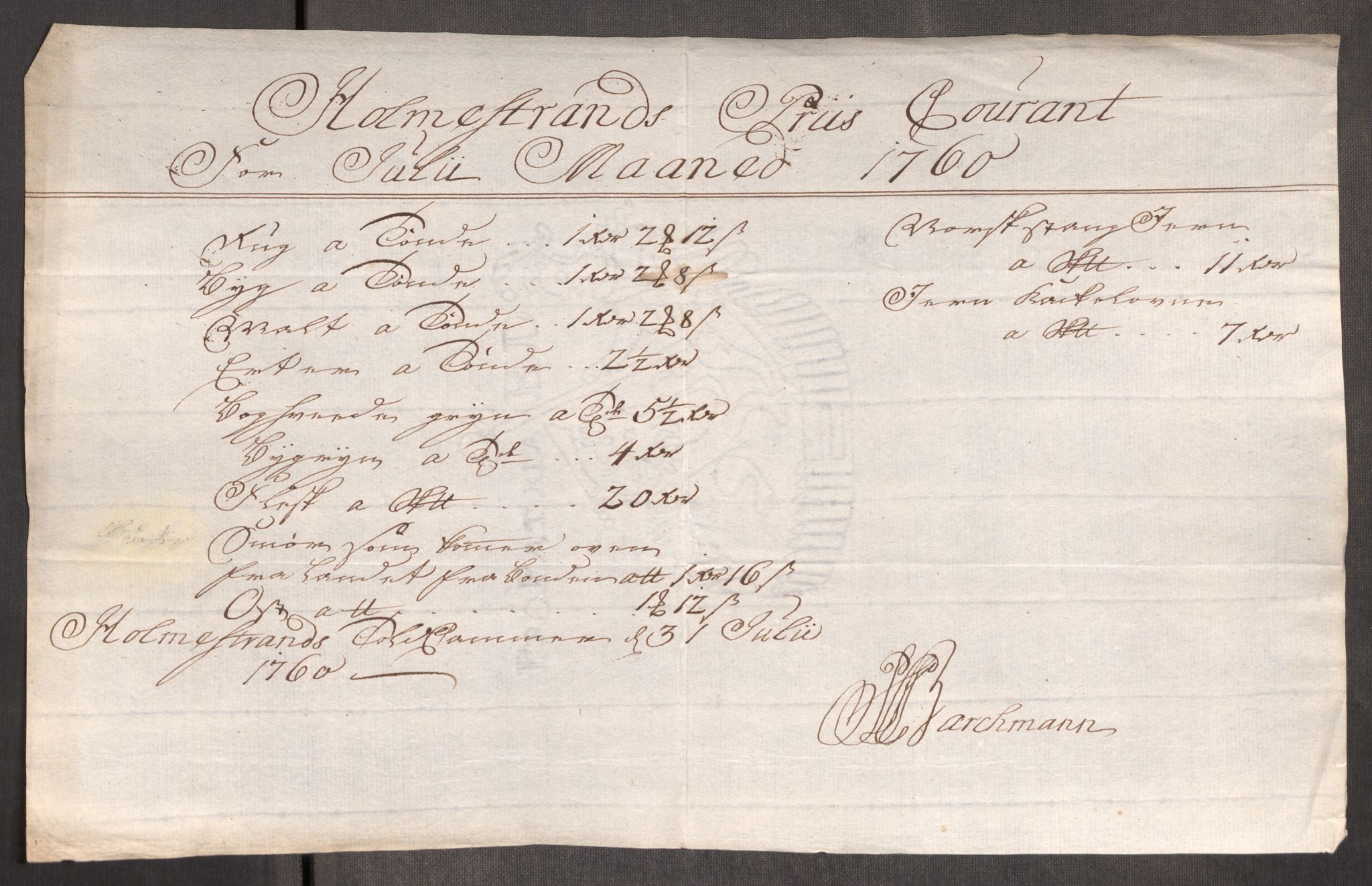 Rentekammeret inntil 1814, Realistisk ordnet avdeling, AV/RA-EA-4070/Oe/L0006: [Ø1]: Priskuranter, 1758-1760, s. 782