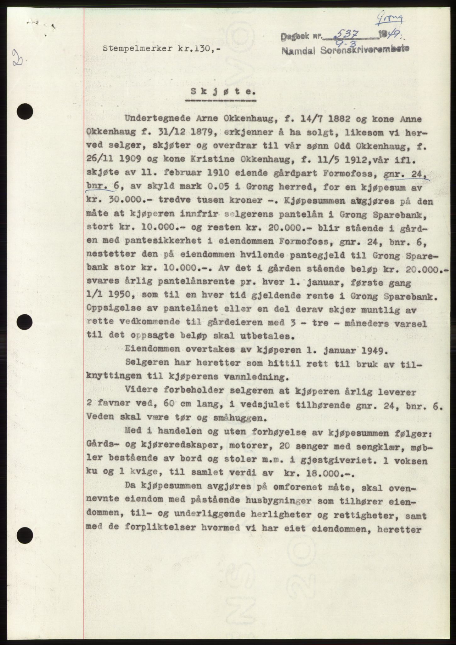 Namdal sorenskriveri, SAT/A-4133/1/2/2C: Pantebok nr. -, 1949-1949, Dagboknr: 537/1949