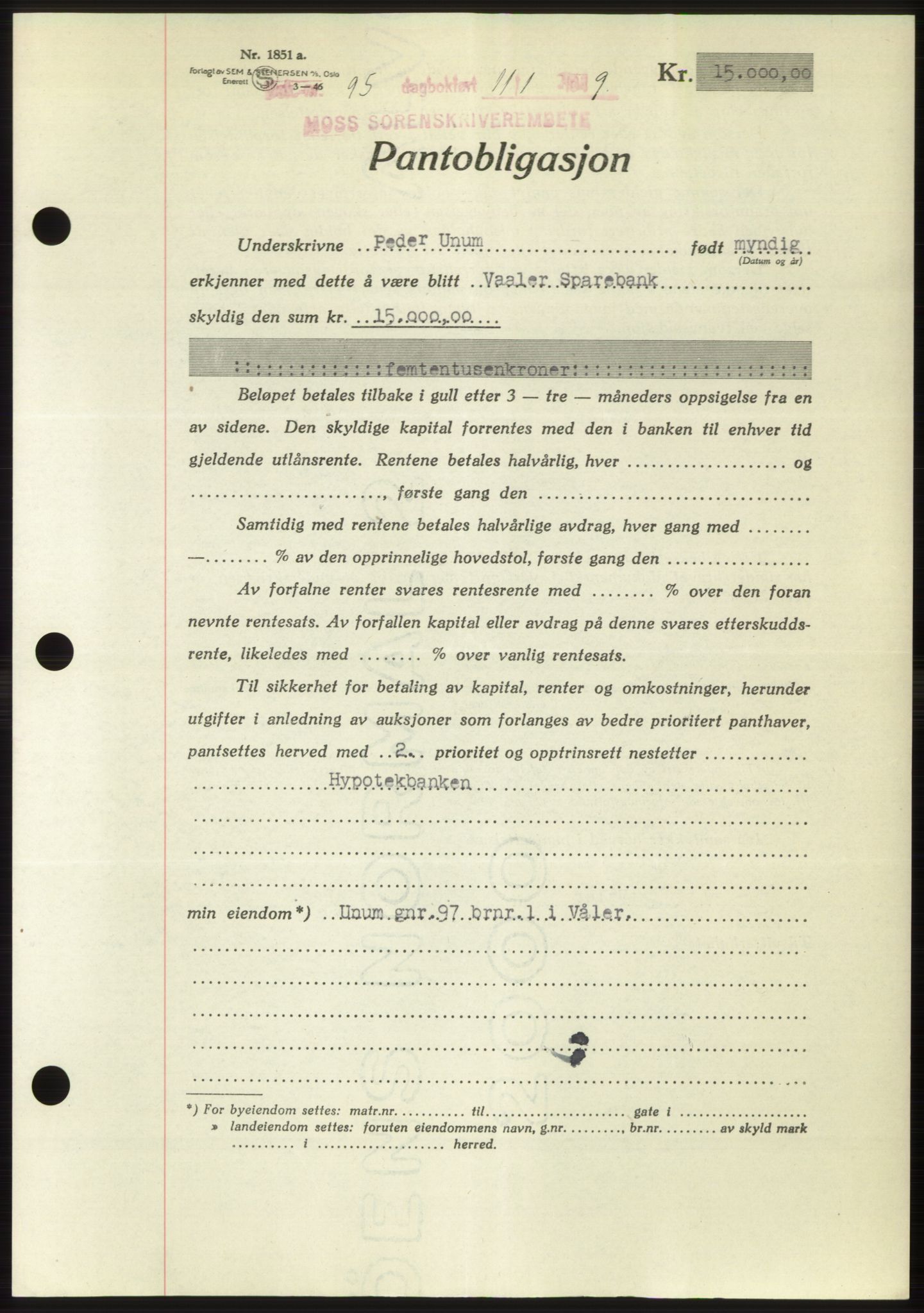 Moss sorenskriveri, SAO/A-10168: Pantebok nr. B21, 1949-1949, Dagboknr: 95/1949