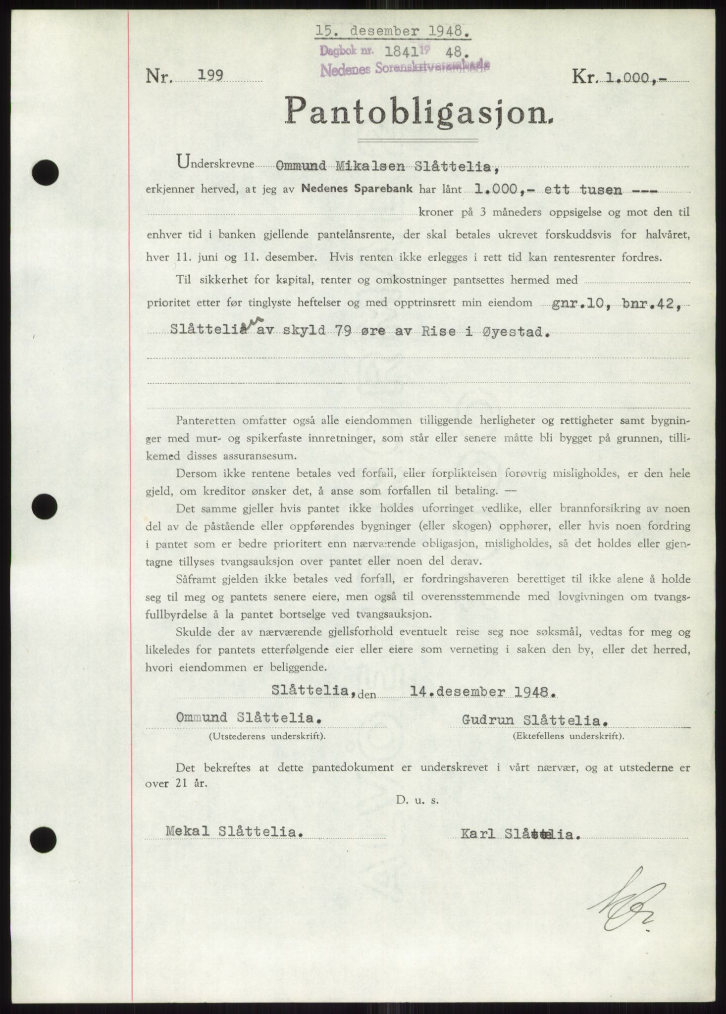 Nedenes sorenskriveri, AV/SAK-1221-0006/G/Gb/Gbb/L0006: Pantebok nr. B6, 1948-1949, Dagboknr: 1841/1948