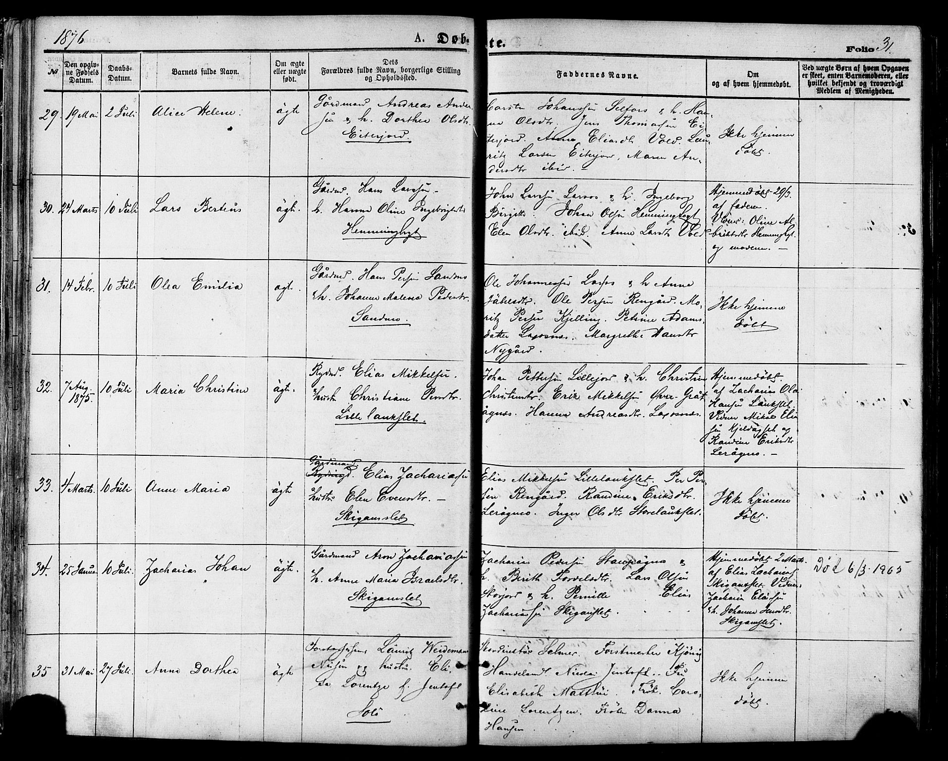 Ministerialprotokoller, klokkerbøker og fødselsregistre - Nordland, AV/SAT-A-1459/846/L0645: Ministerialbok nr. 846A03, 1872-1886, s. 31