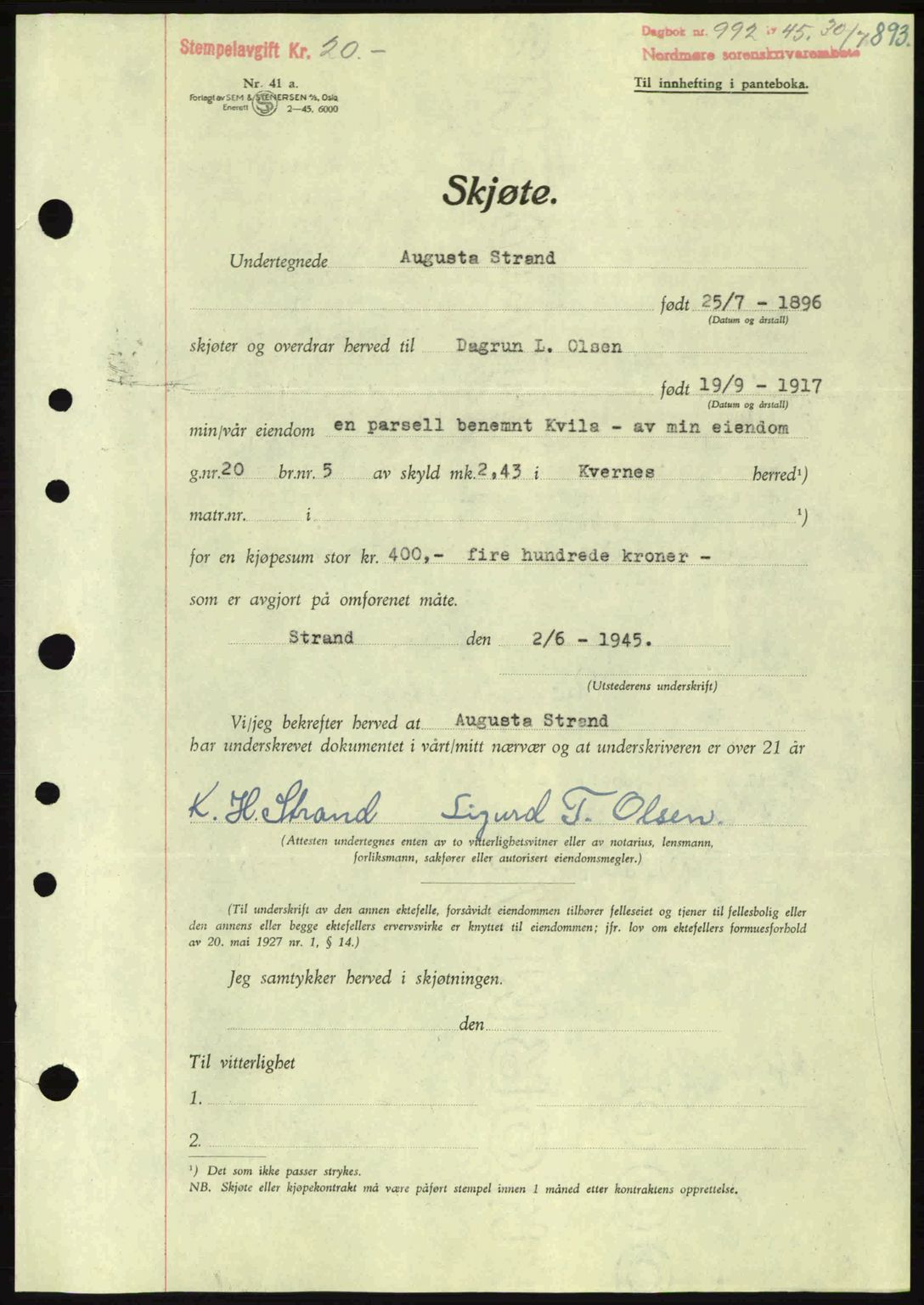 Nordmøre sorenskriveri, SAT/A-4132/1/2/2Ca: Pantebok nr. A99, 1945-1945, Dagboknr: 992/1945