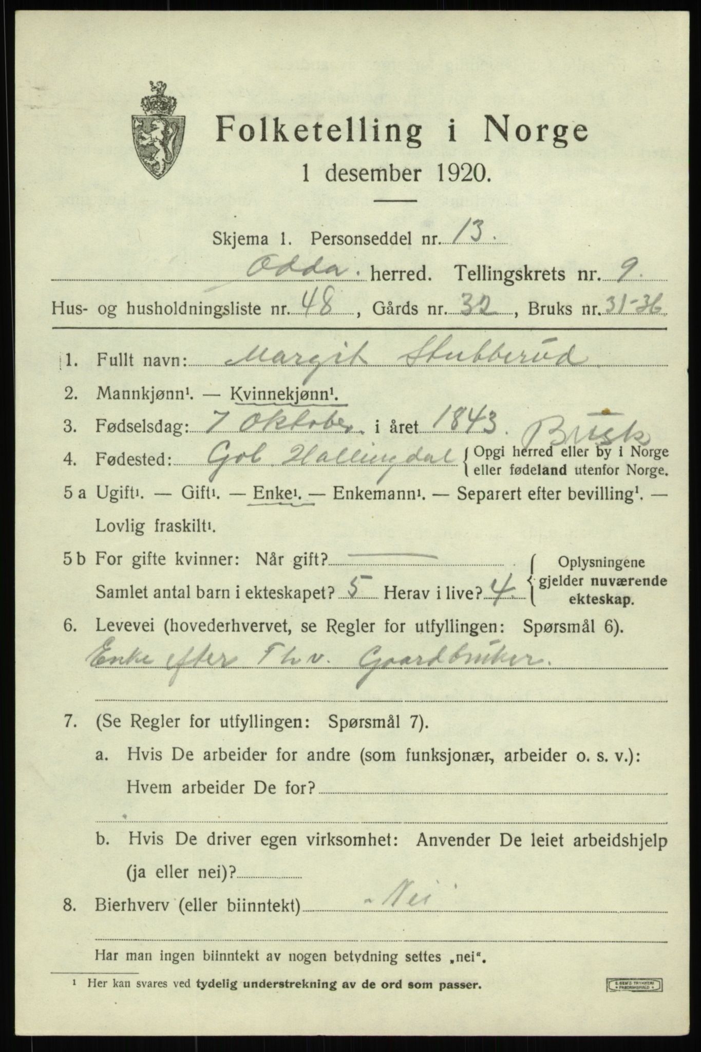 SAB, Folketelling 1920 for 1228 Odda herred, 1920, s. 8605