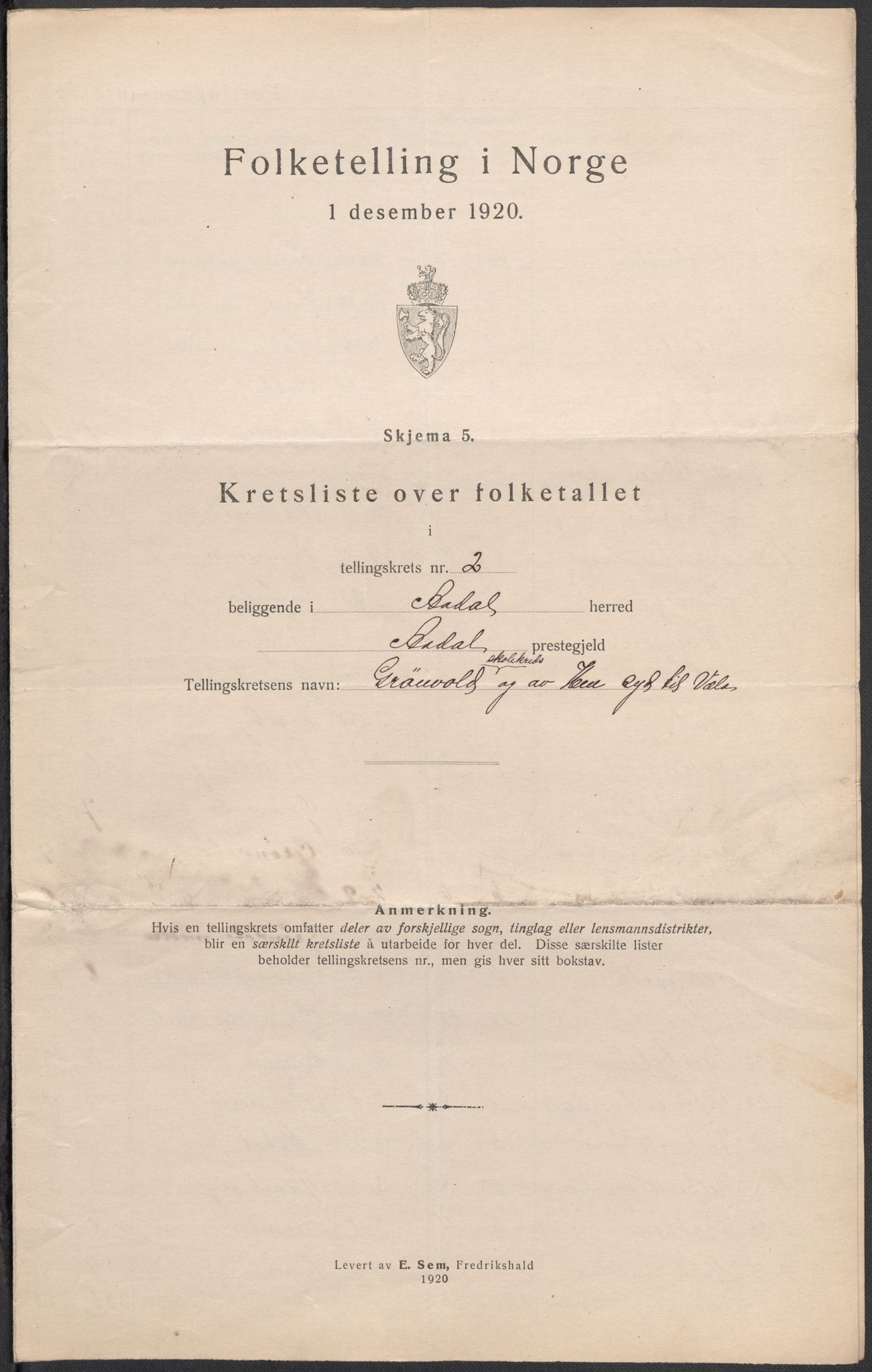 SAKO, Folketelling 1920 for 0614 Ådal herred, 1920, s. 9