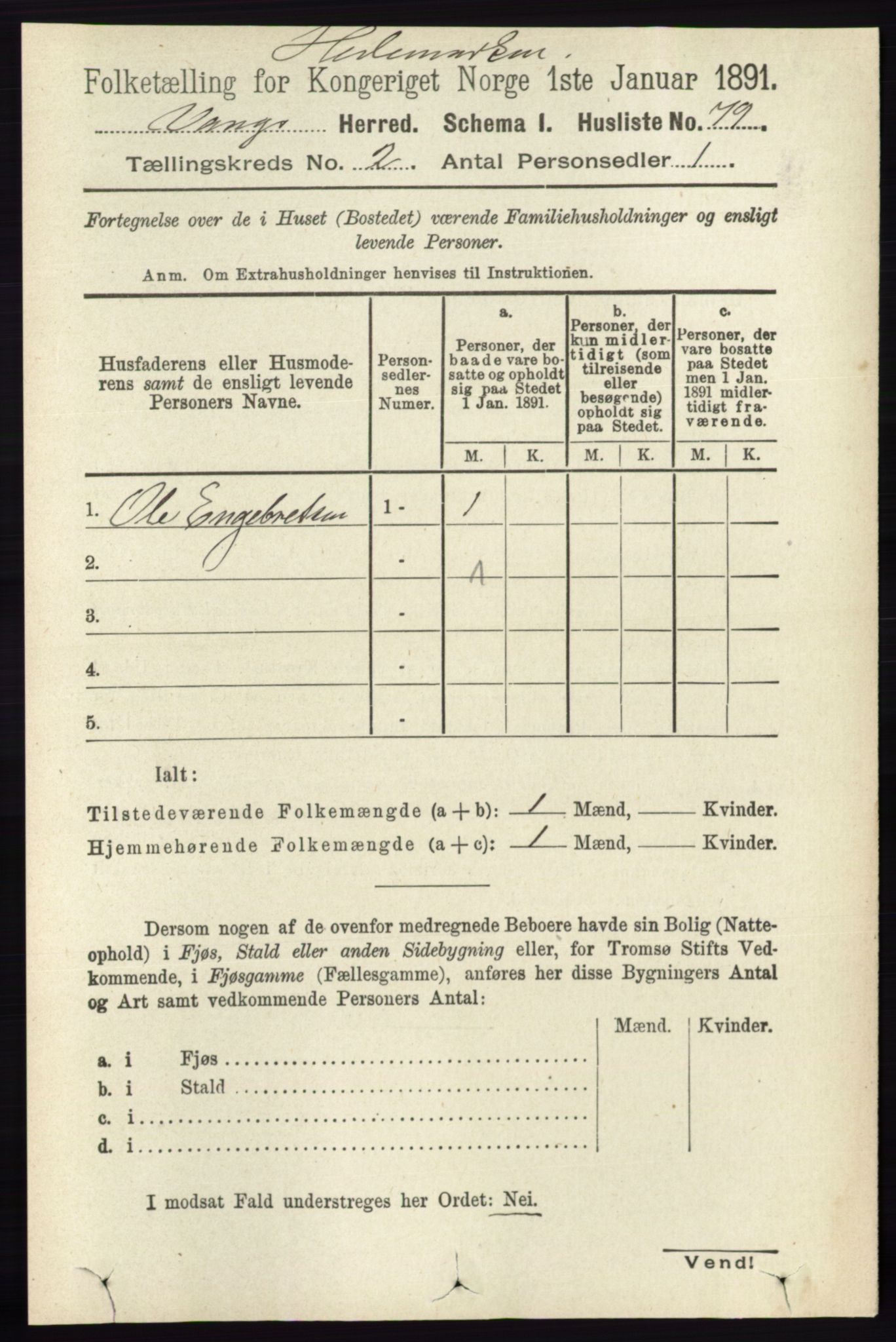 RA, Folketelling 1891 for 0414 Vang herred, 1891, s. 1010