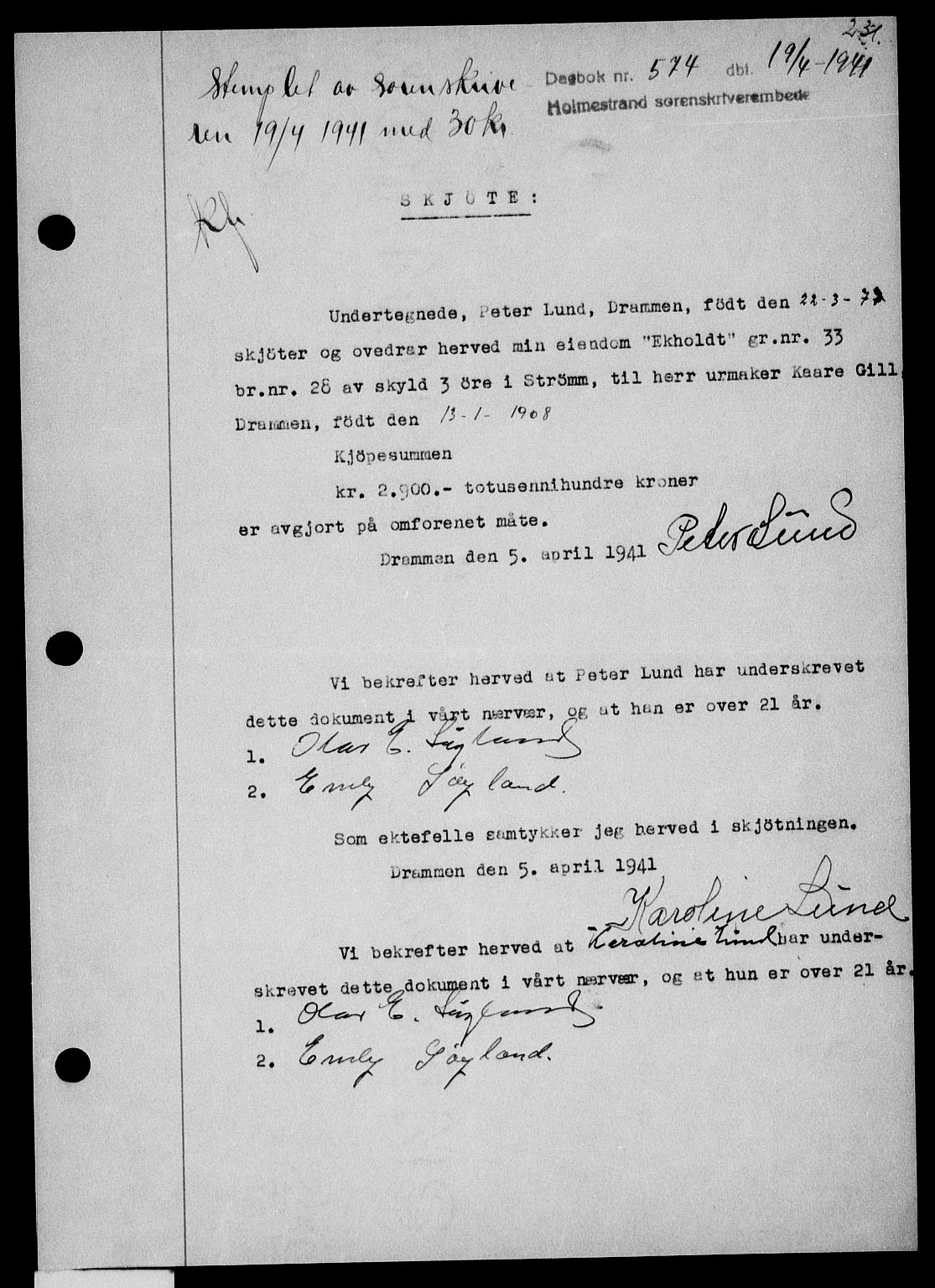 Holmestrand sorenskriveri, SAKO/A-67/G/Ga/Gaa/L0053: Pantebok nr. A-53, 1941-1941, Dagboknr: 574/1941