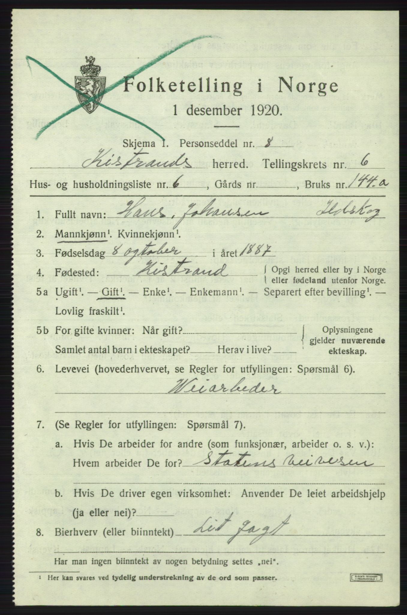 SATØ, Folketelling 1920 for 2020 Kistrand herred, 1920, s. 3700