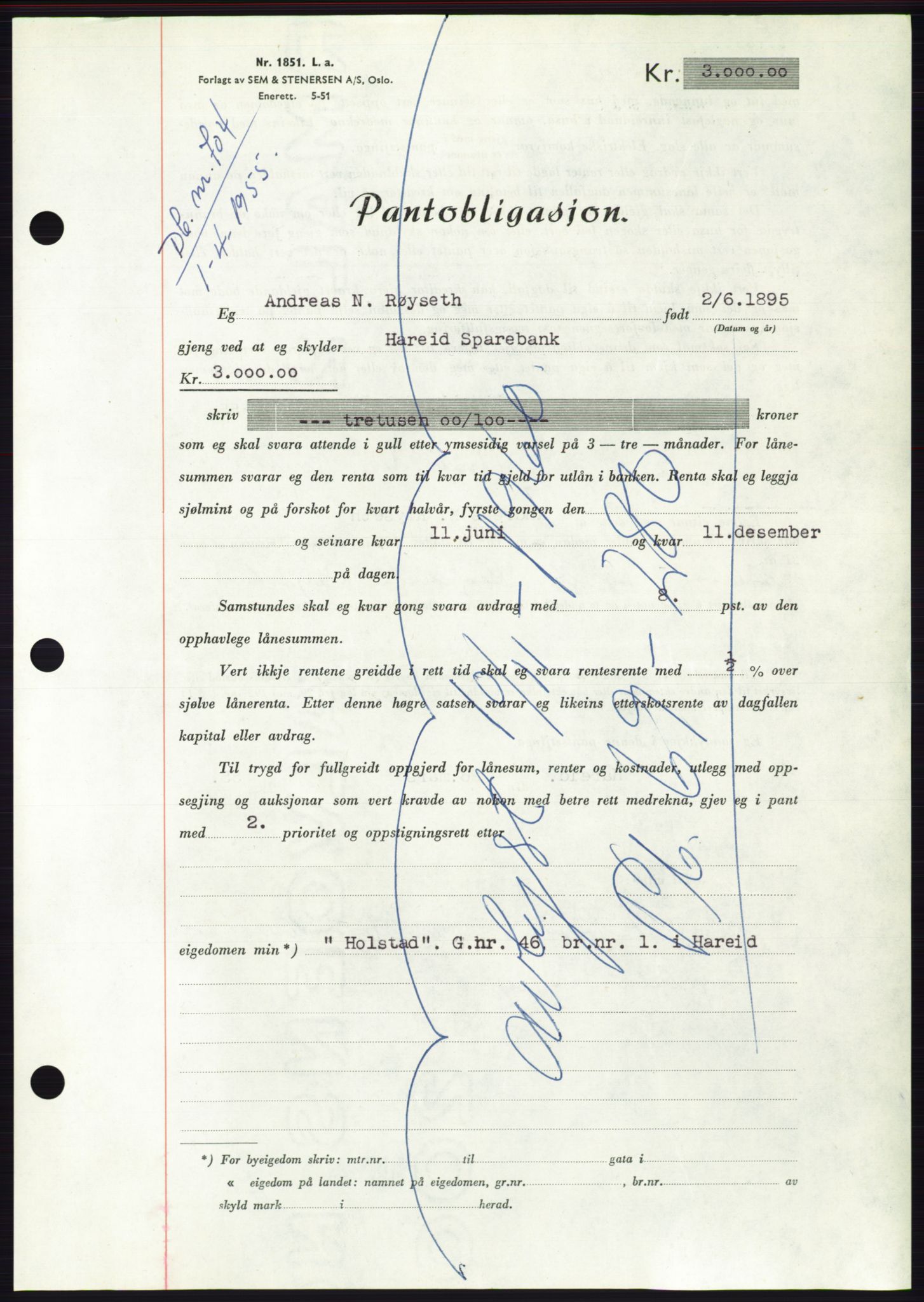 Søre Sunnmøre sorenskriveri, AV/SAT-A-4122/1/2/2C/L0126: Pantebok nr. 14B, 1954-1955, Dagboknr: 704/1955