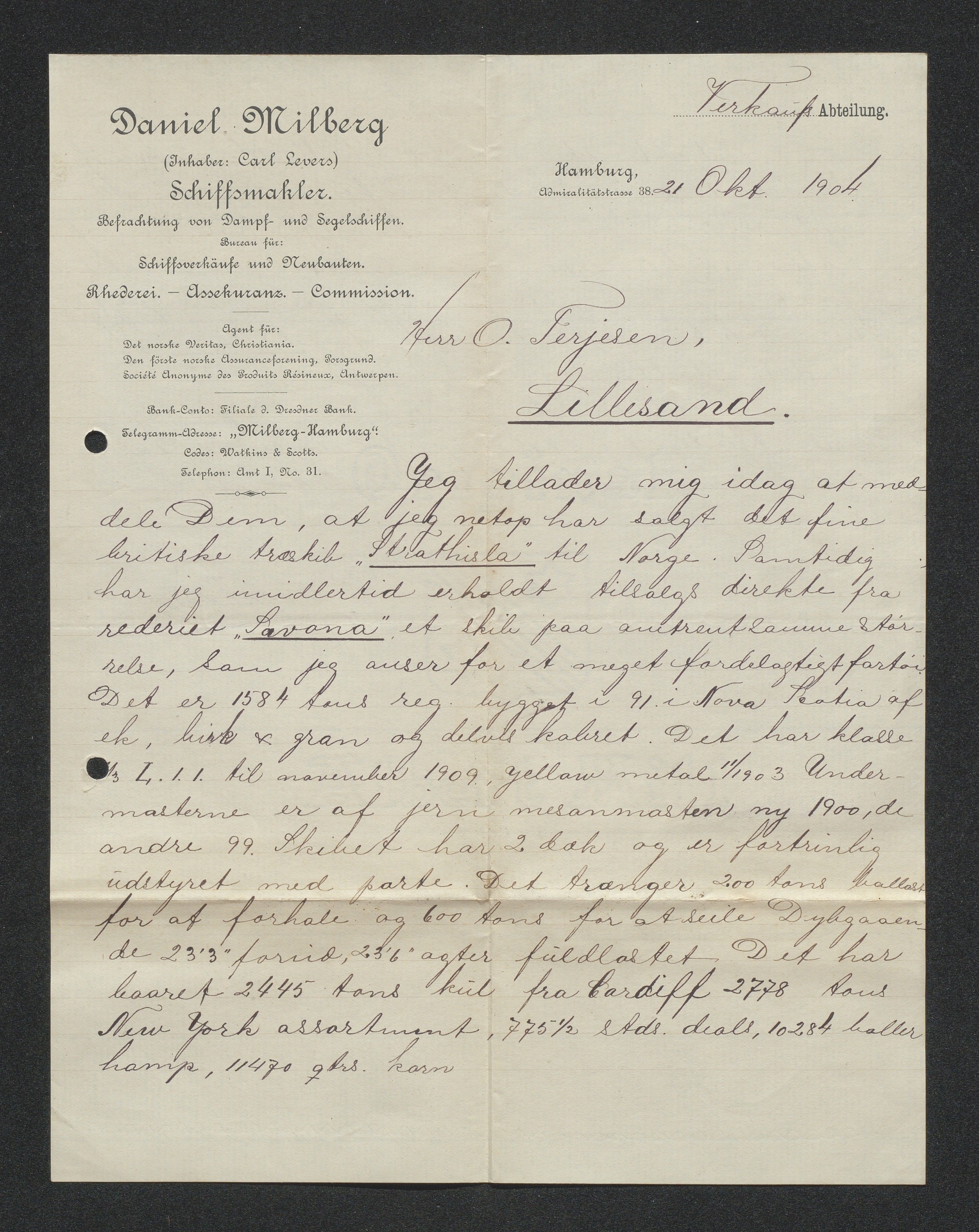 O. Terjesens rederi, AAKS/PA-2525/E/E01/L0012: Korrespondanse, 1903-1904