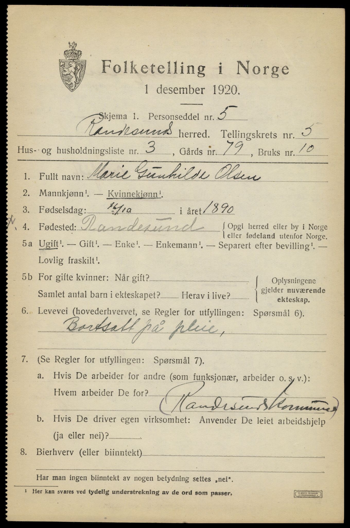 SAK, Folketelling 1920 for 1011 Randesund herred, 1920, s. 2340